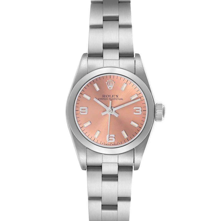 The Rolex Oyster Perpetual watch is shown from the front, highlighting the dial, bezel, crown, and part of the bracelet.