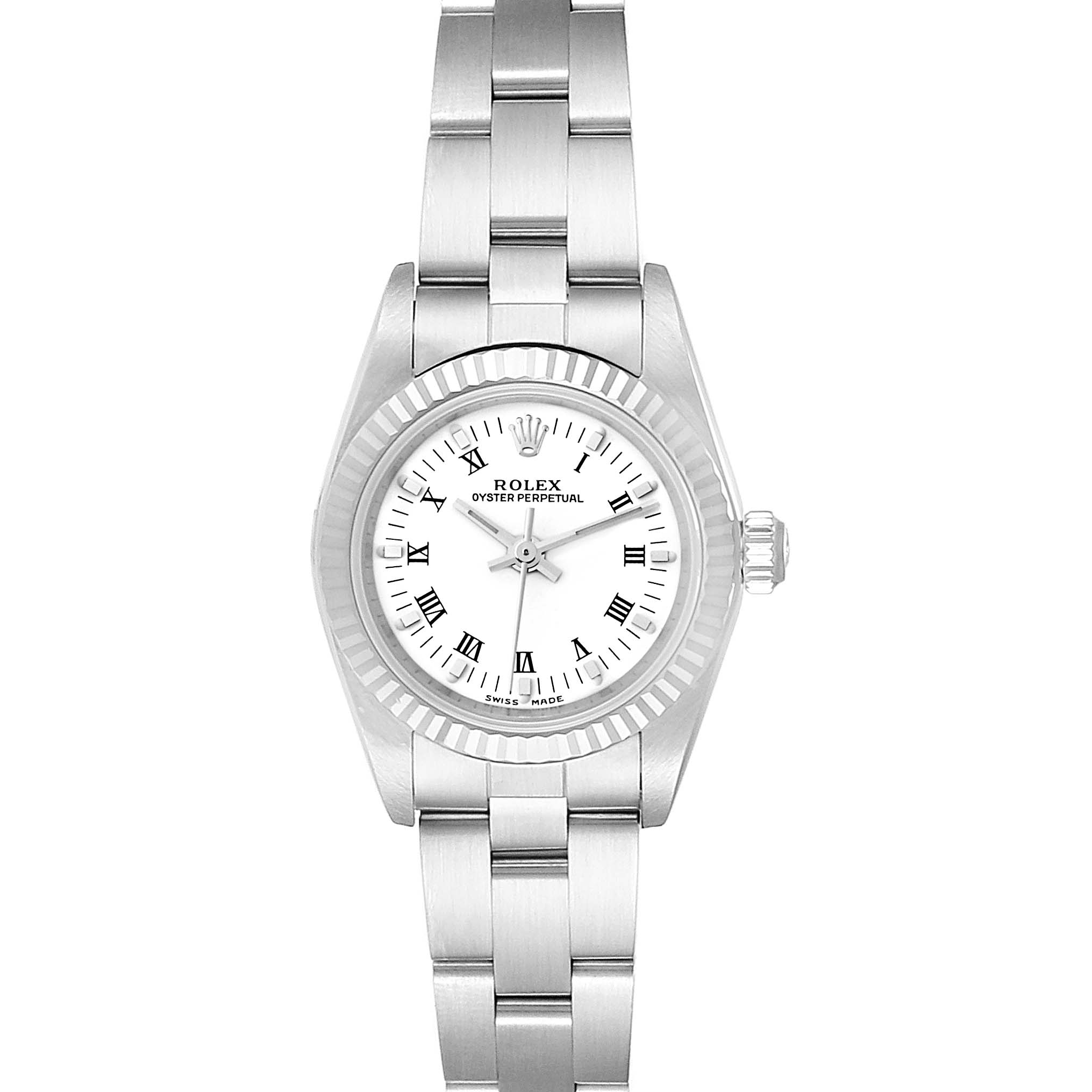 This image shows a front view of the Rolex Oyster Perpetual 76094 Women
s Stainless Steel White Dial 76094 Women
s Stainless Steel White Dial watch, displaying the dial, case, and stainless steel bracelet.