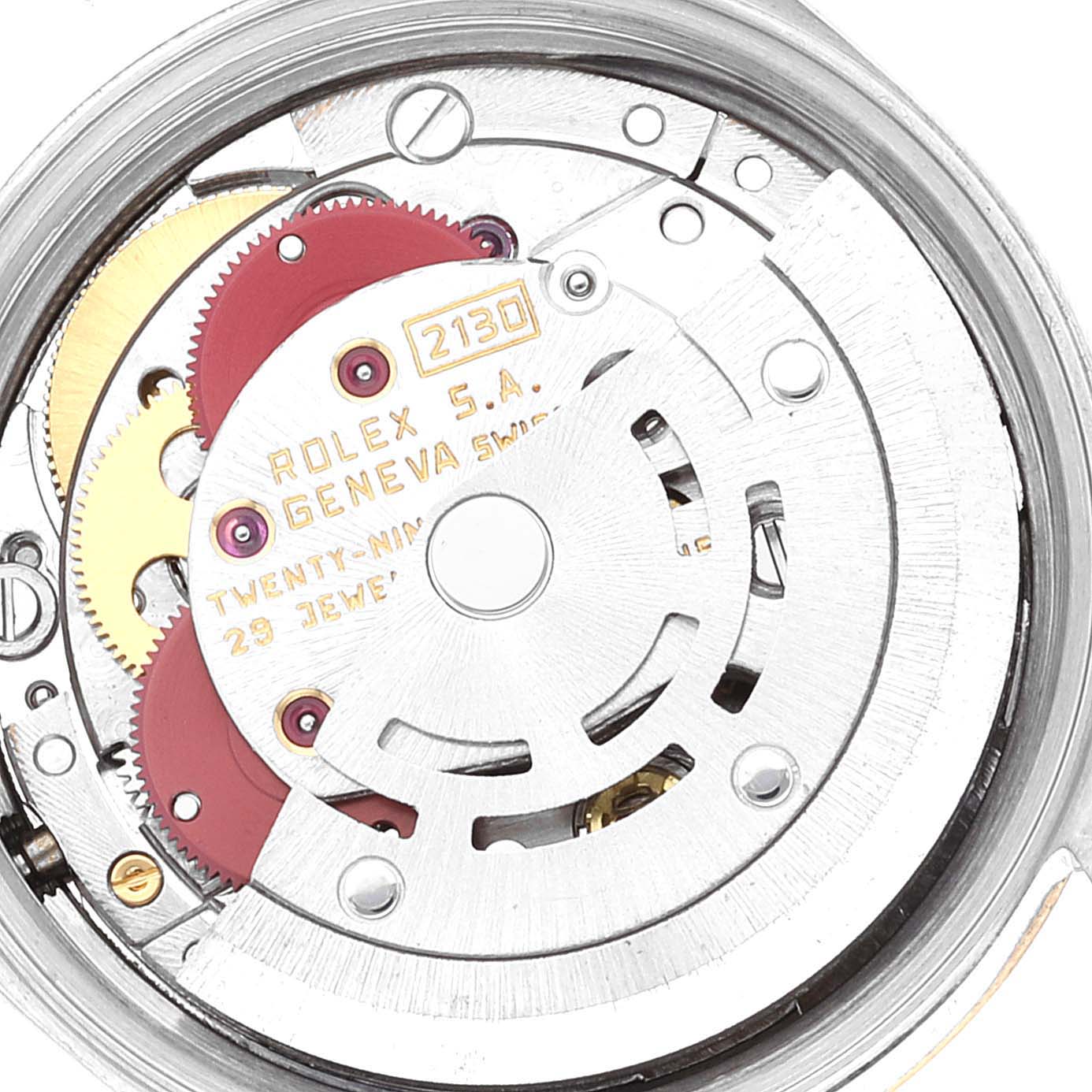 This image shows the internal mechanism of a Rolex Oyster Perpetual 67193 Women's Steel and Gold (two tone) Champagne Dial 67193 Women's Steel and Gold (two tone) Champagne Dial watch, viewed from the back.