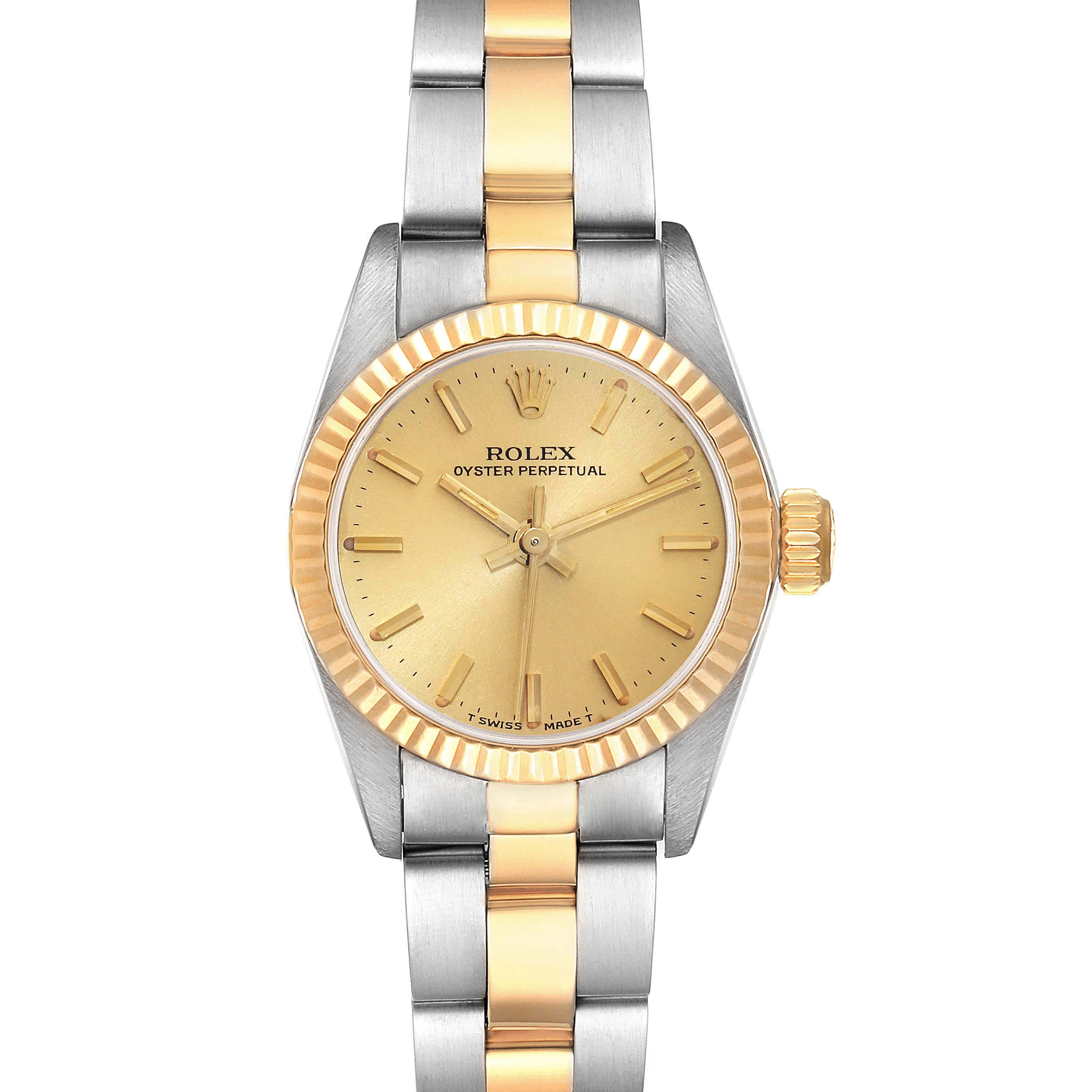 The image shows a frontal view of a Rolex Oyster Perpetual 67193 Women's Steel and Gold (two tone) Champagne Dial 67193 Women's Steel and Gold (two tone) Champagne Dial watch, featuring a gold dial and two-tone bracelet.