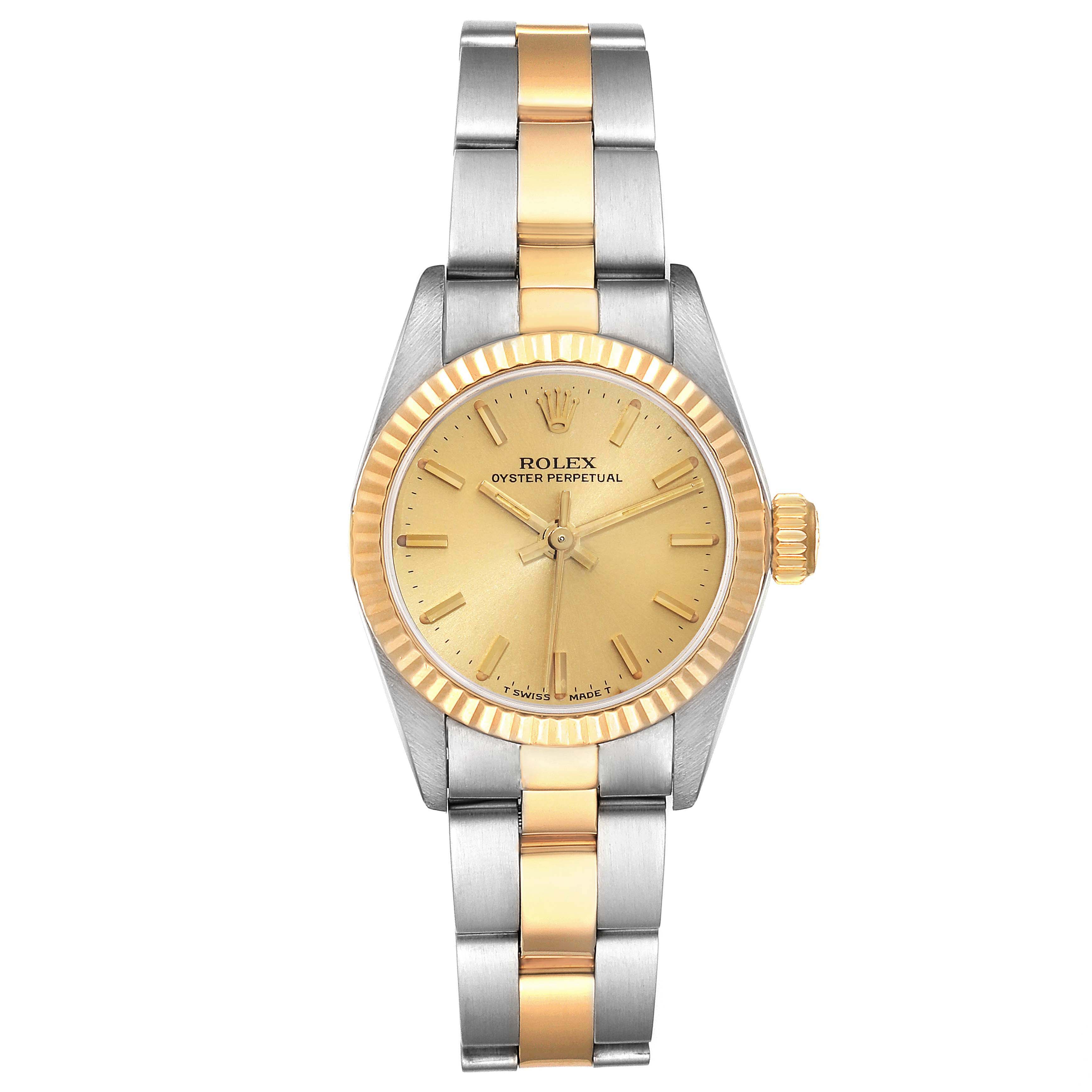 This image shows a frontal view of a Rolex Oyster Perpetual 67193 Women's Steel and Gold (two tone) Champagne Dial 67193 Women's Steel and Gold (two tone) Champagne Dial watch, displaying the dial, bezel, and two-tone bracelet.