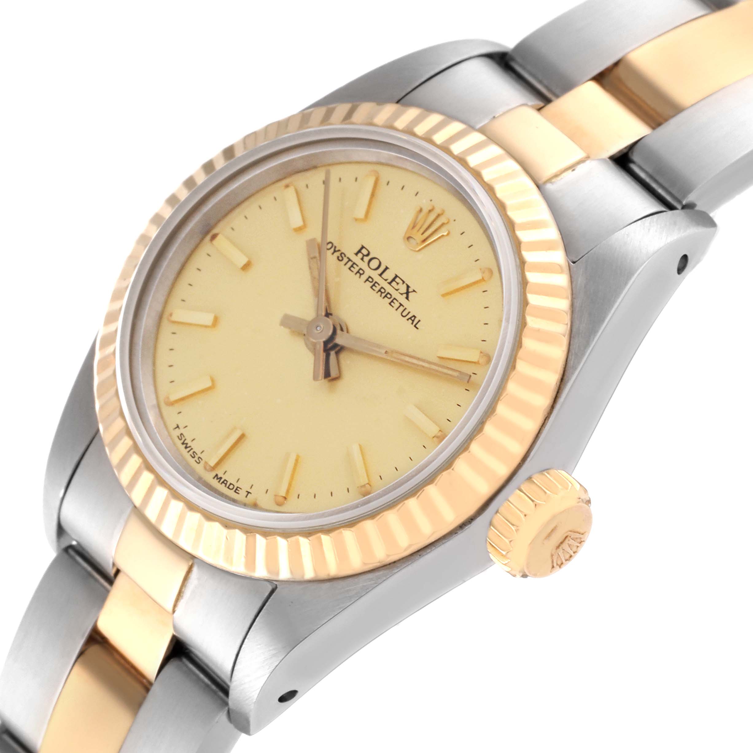 The Rolex Oyster Perpetual 67193 Women's Steel and Gold (two tone) Champagne Dial 67193 Women's Steel and Gold (two tone) Champagne Dial watch is shown at an angle highlighting its face, bezel, crown, and part of the metal bracelet.
