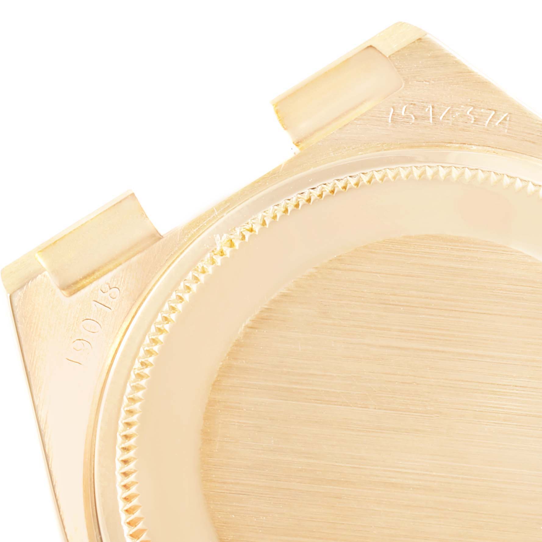 This image shows the backside of the case for a Rolex President 19018 Men's Yellow Gold Champagne Dial 19018 Men's Yellow Gold Champagne Dial model, highlighting the lugs and caseback.