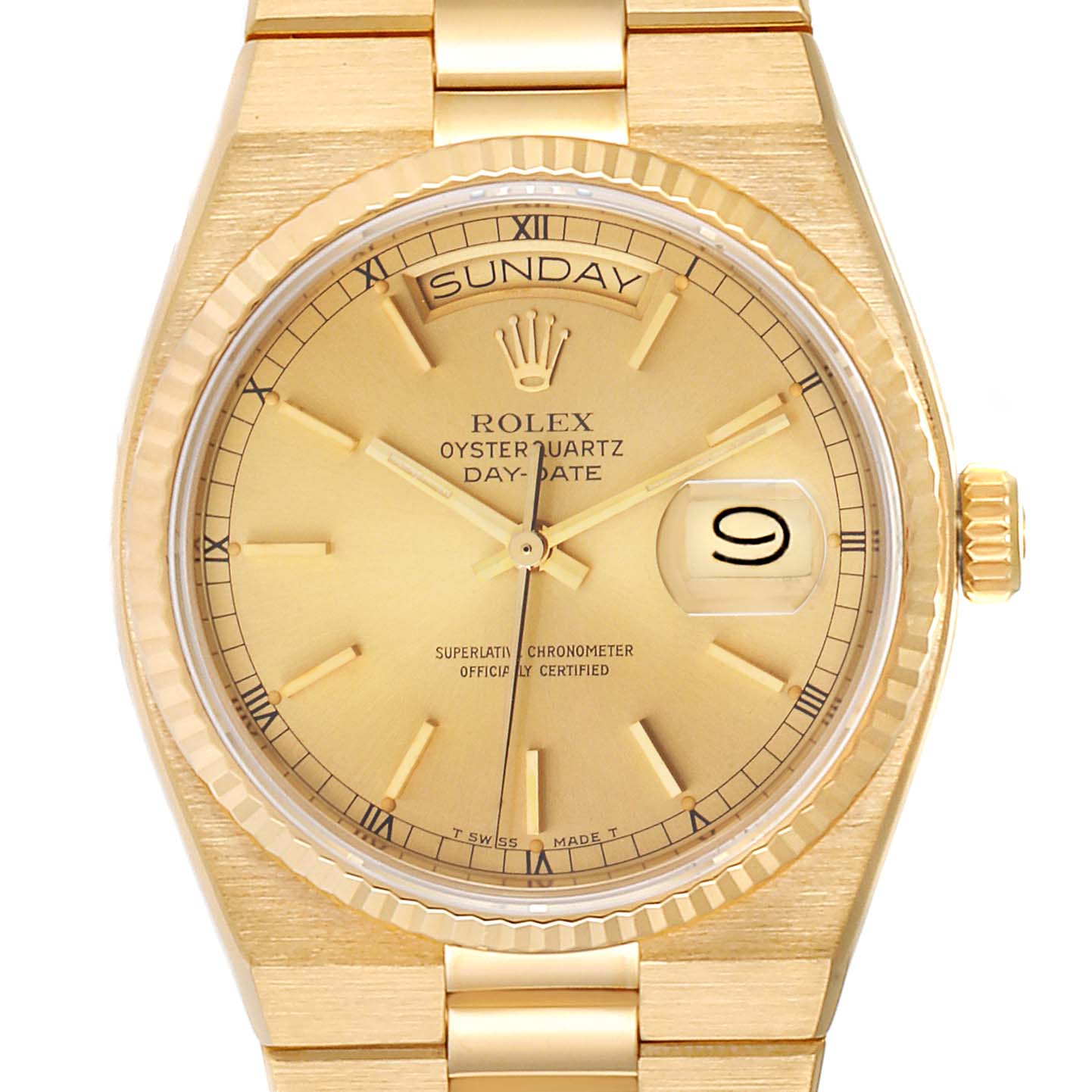 The image shows a frontal view of a Rolex Oysterquartz President Day-Date watch, highlighting the dial, bezel, and part of the bracelet.