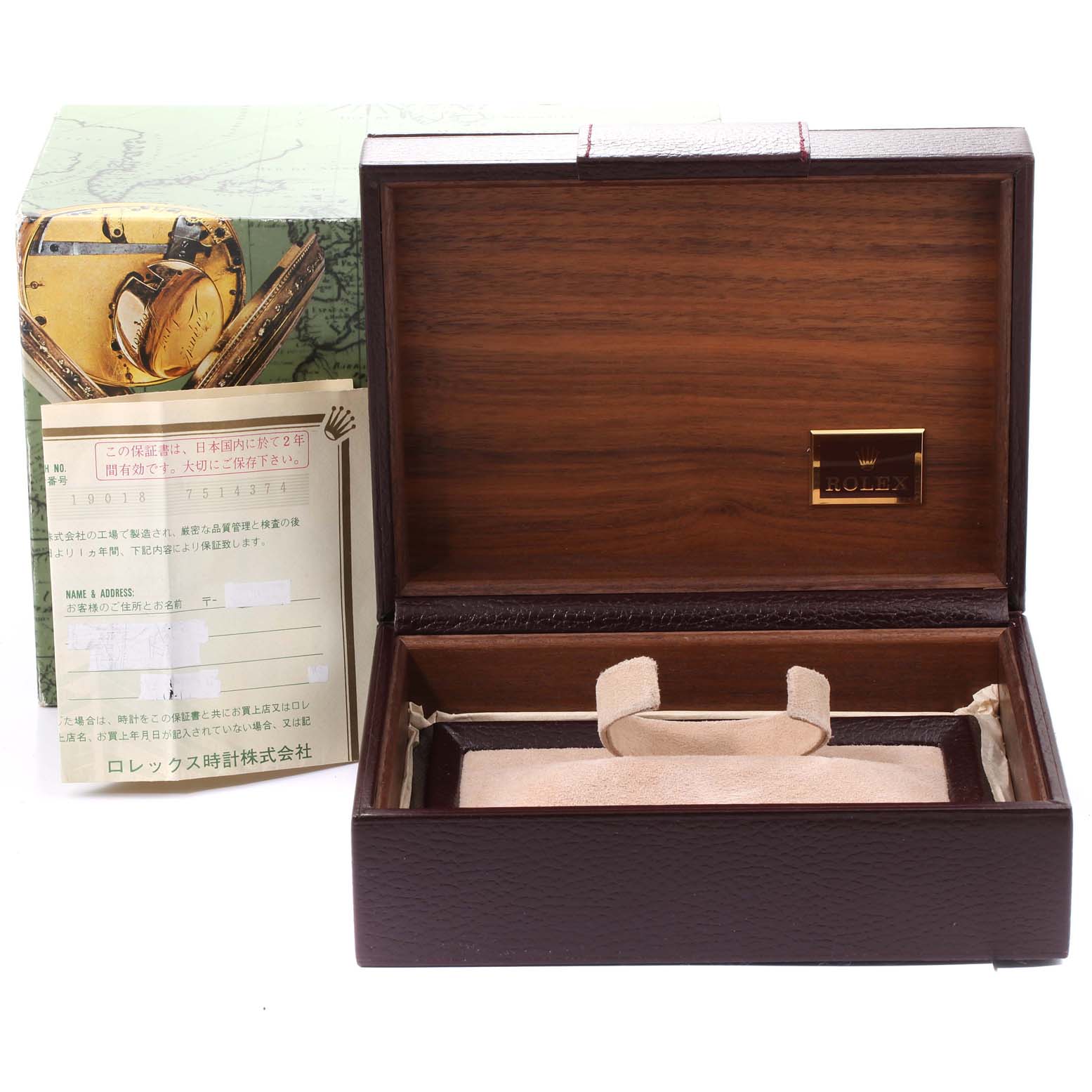This image shows the open case, box, and papers for a Rolex President 19018 Men's Yellow Gold Champagne Dial 19018 Men's Yellow Gold Champagne Dial model watch.
