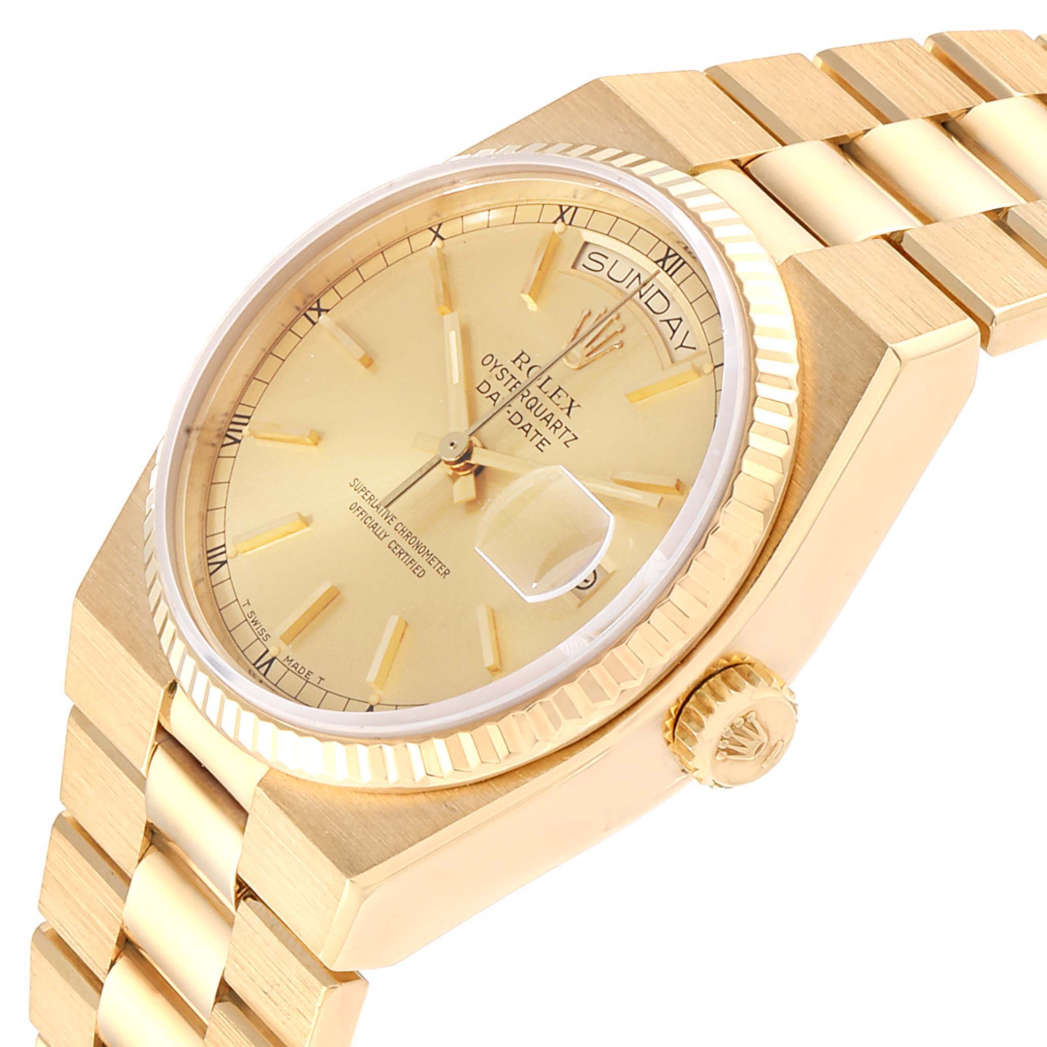 This image displays the Rolex President 19018 Men's Yellow Gold Champagne Dial 19018 Men's Yellow Gold Champagne Dial model watch at an angled view, highlighting the face, crown, and bracelet.