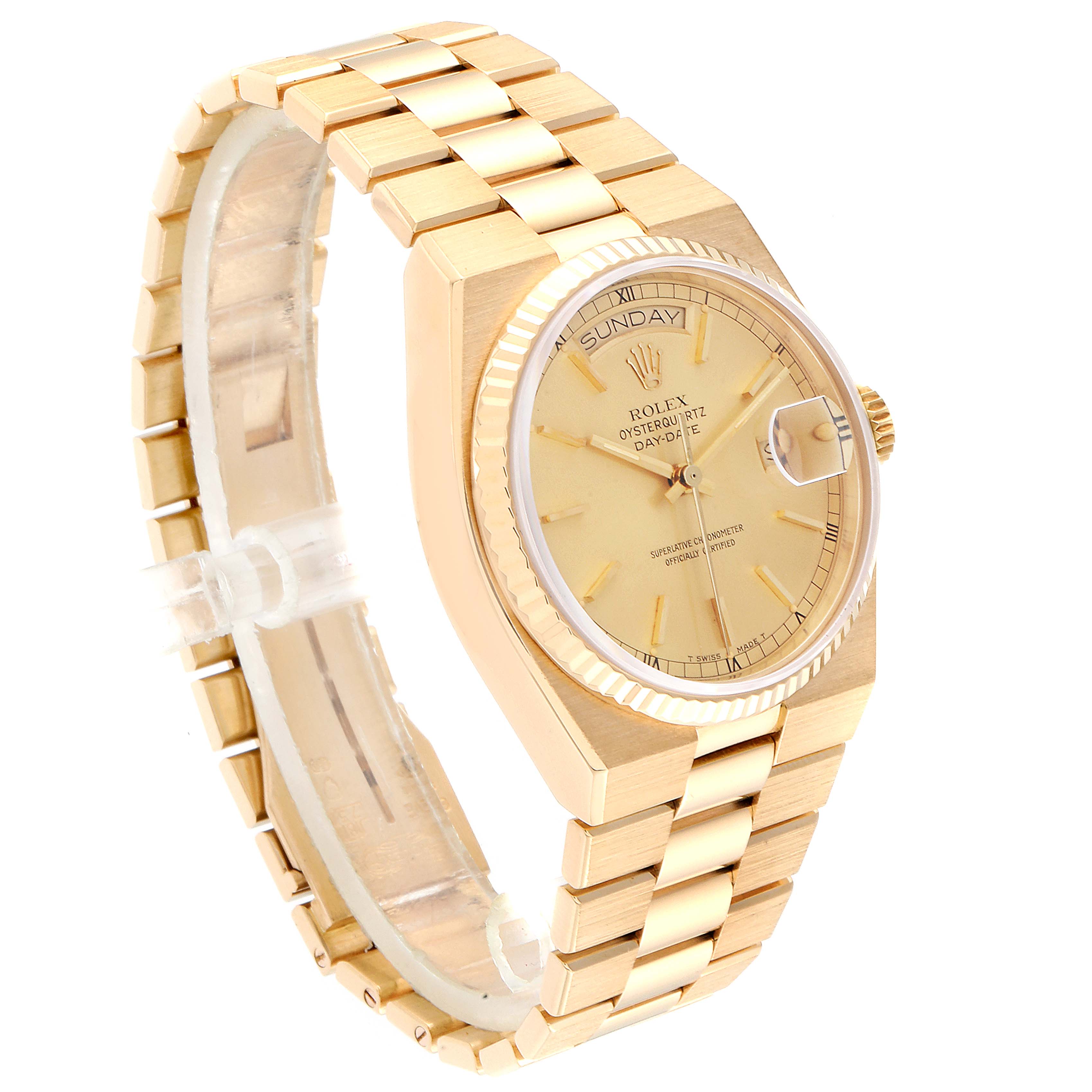 The image shows a gold Rolex President 19018 Men's Yellow Gold Champagne Dial 19018 Men's Yellow Gold Champagne Dial watch, featuring its dial, bezel, crown, and bracelet at a three-quarter angle.