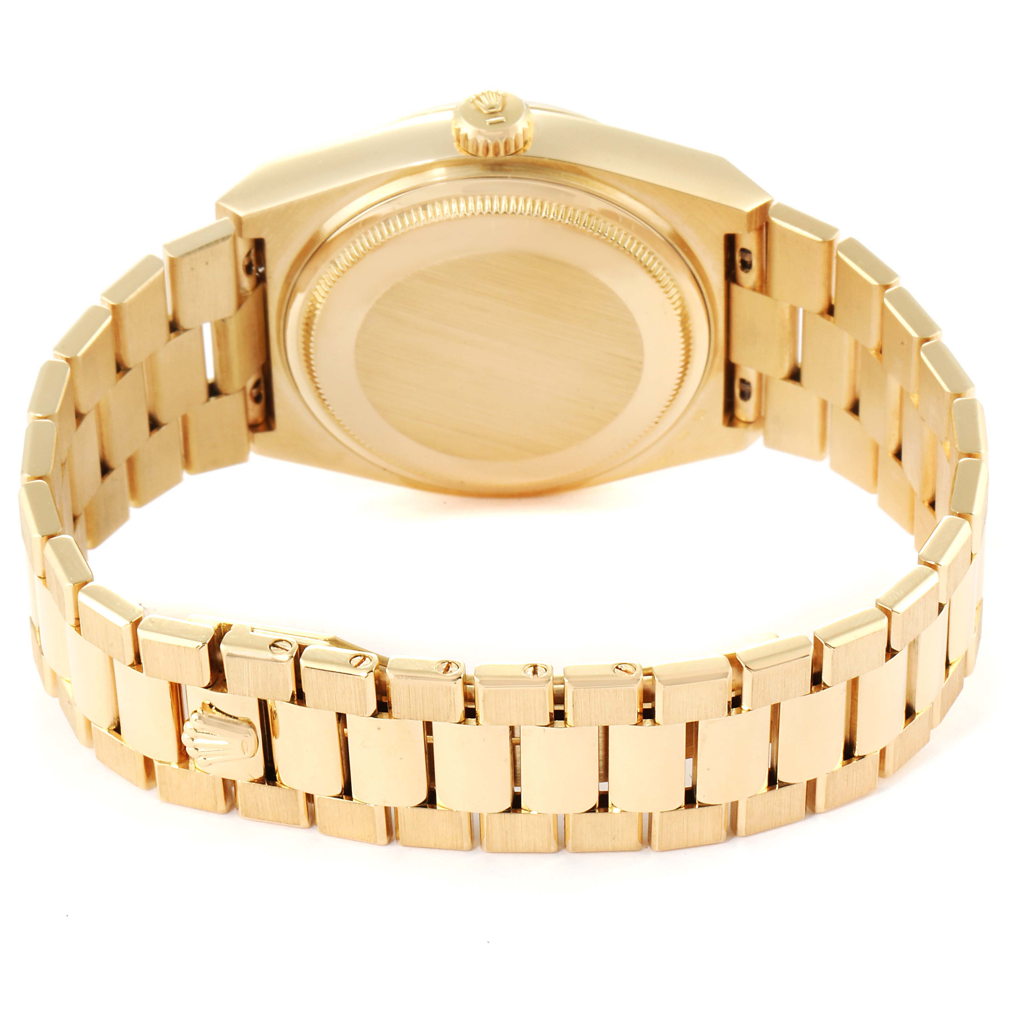 The image shows the back case and bracelet of a Rolex President 19018 Men's Yellow Gold Champagne Dial 19018 Men's Yellow Gold Champagne Dial model watch in a gold finish.