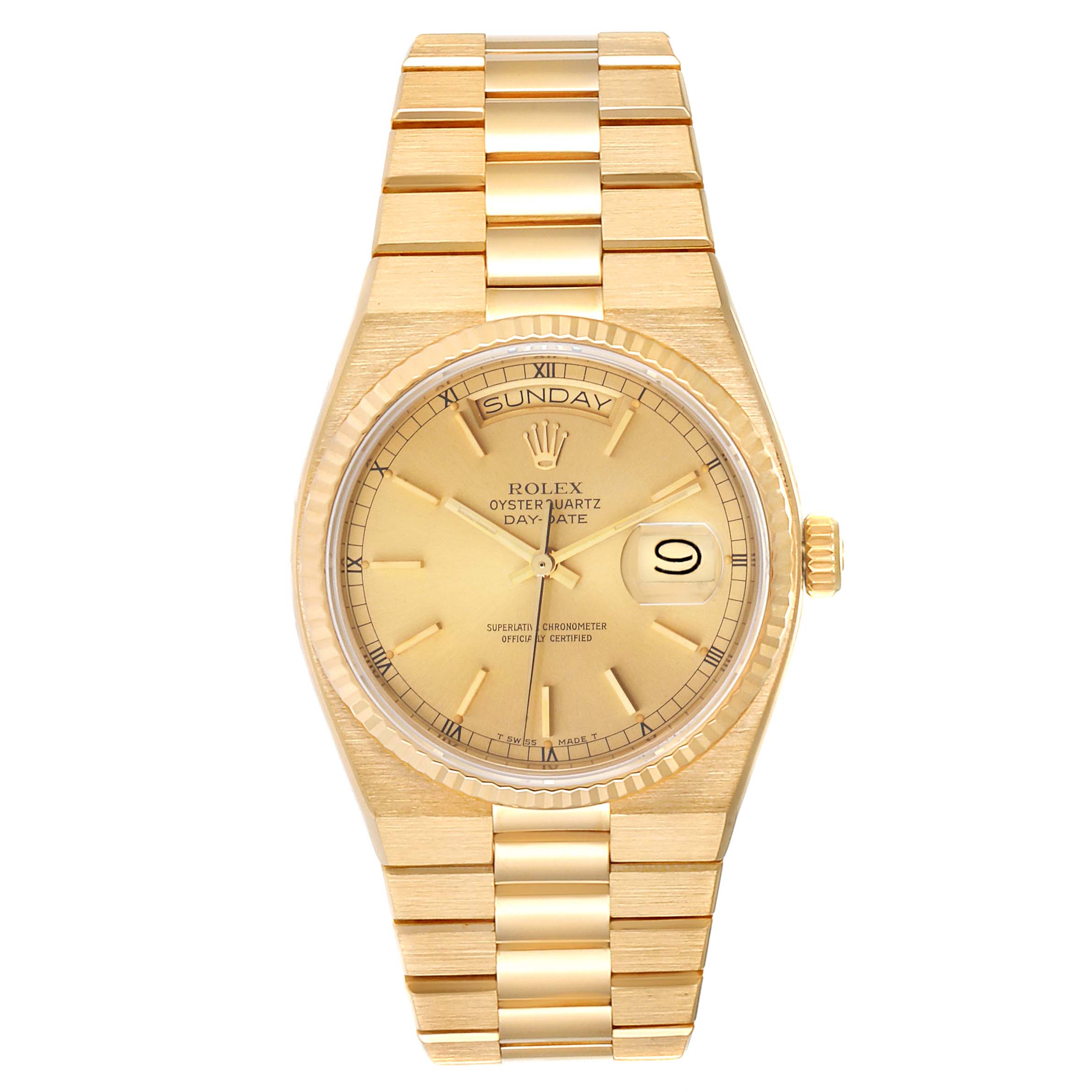 This image shows a front view of a Rolex Oysterquartz Day-Date President model watch, displaying its gold bracelet and dial.