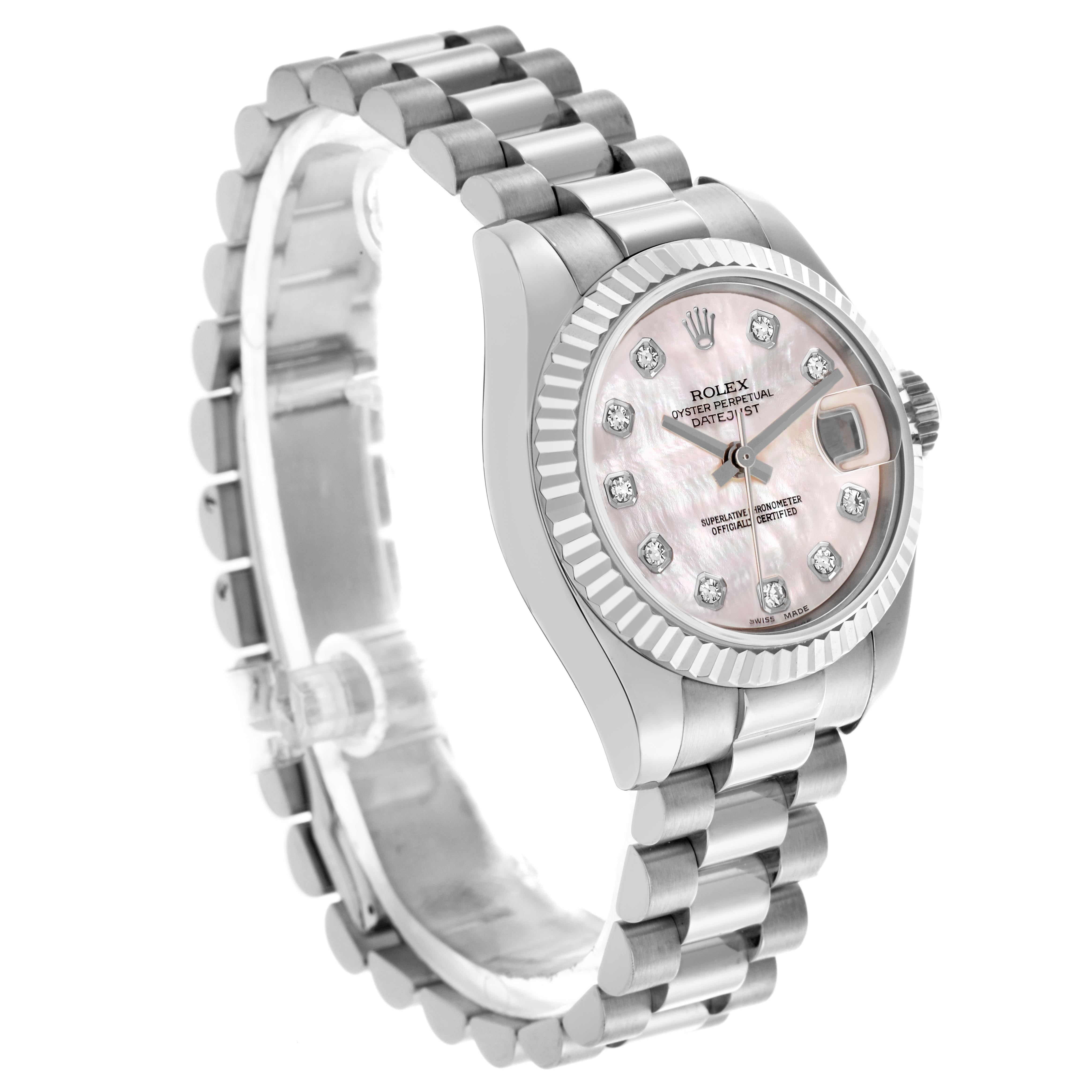 The Rolex President 179179 Women's White Gold Mother of Pearl Dial 179179 Women's White Gold Mother of Pearl Dial watch is shown at a three-quarter angle, highlighting the dial, bezel, case, and bracelet.
