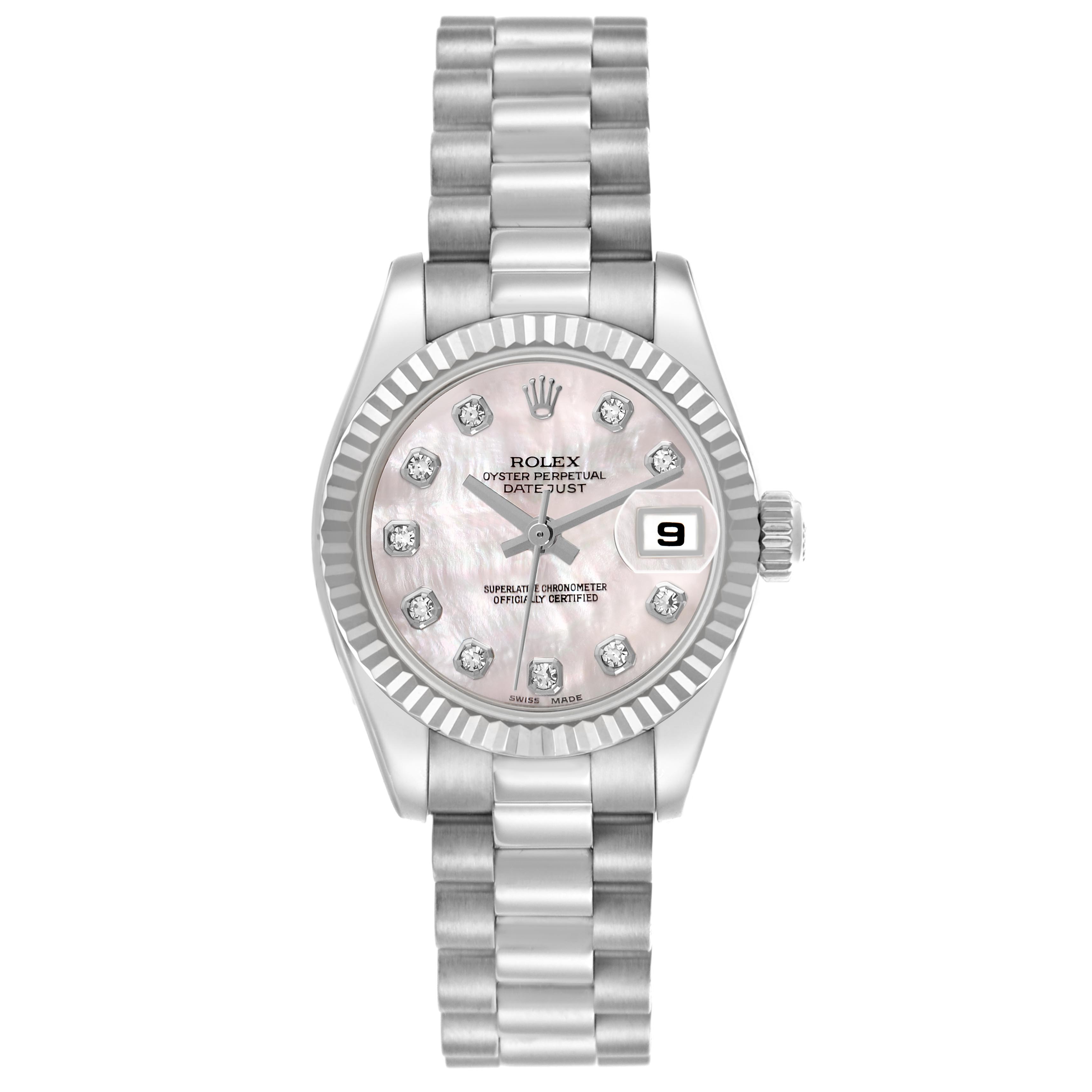 The Rolex President 179179 Women's White Gold Mother of Pearl Dial 179179 Women's White Gold Mother of Pearl Dial model is shown from a top-down angle, highlighting the dial, hands, bezel, and bracelet.