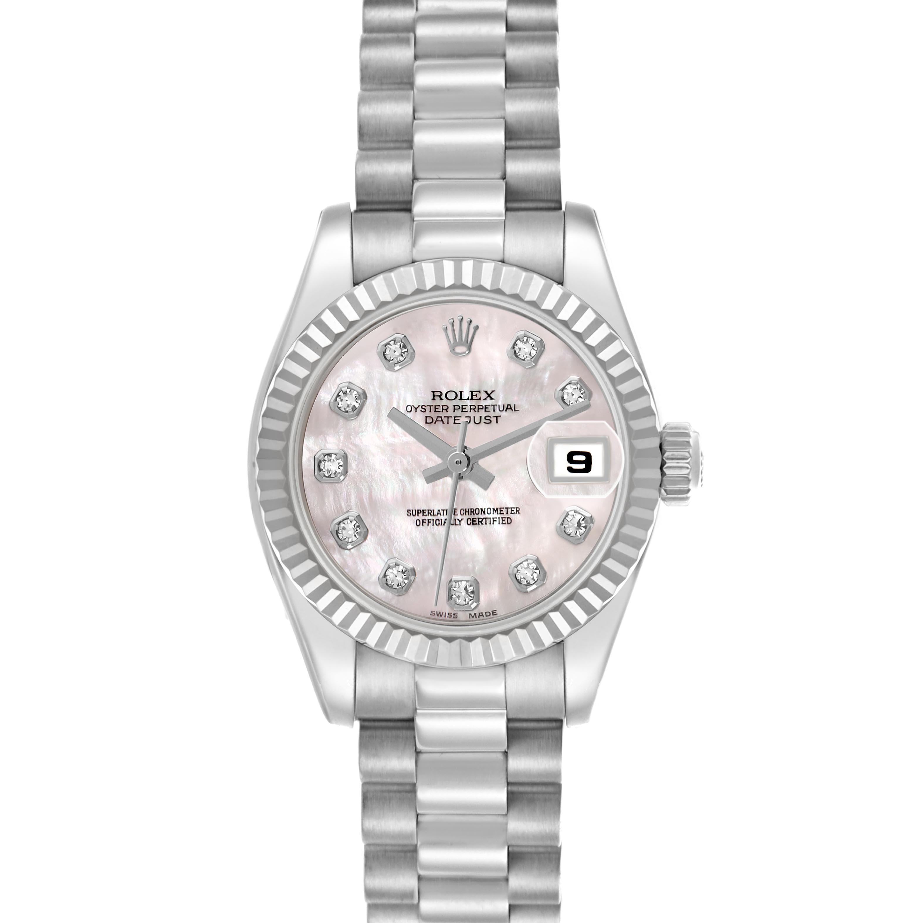 The Rolex President 179179 Women's White Gold Mother of Pearl Dial 179179 Women's White Gold Mother of Pearl Dial model watch is shown from a top-down angle, displaying the dial, bezel, and bracelet clearly.