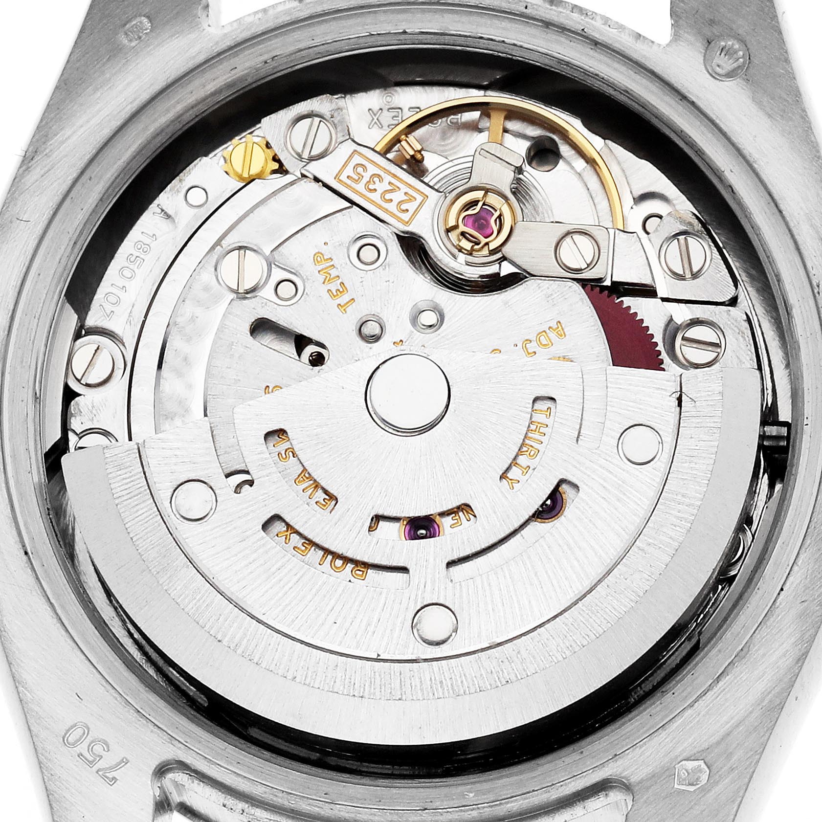 The image shows the open case back of a Rolex President 179179 Women's White Gold Mother of Pearl Dial 179179 Women's White Gold Mother of Pearl Dial watch, highlighting the movement and intricate internal components.