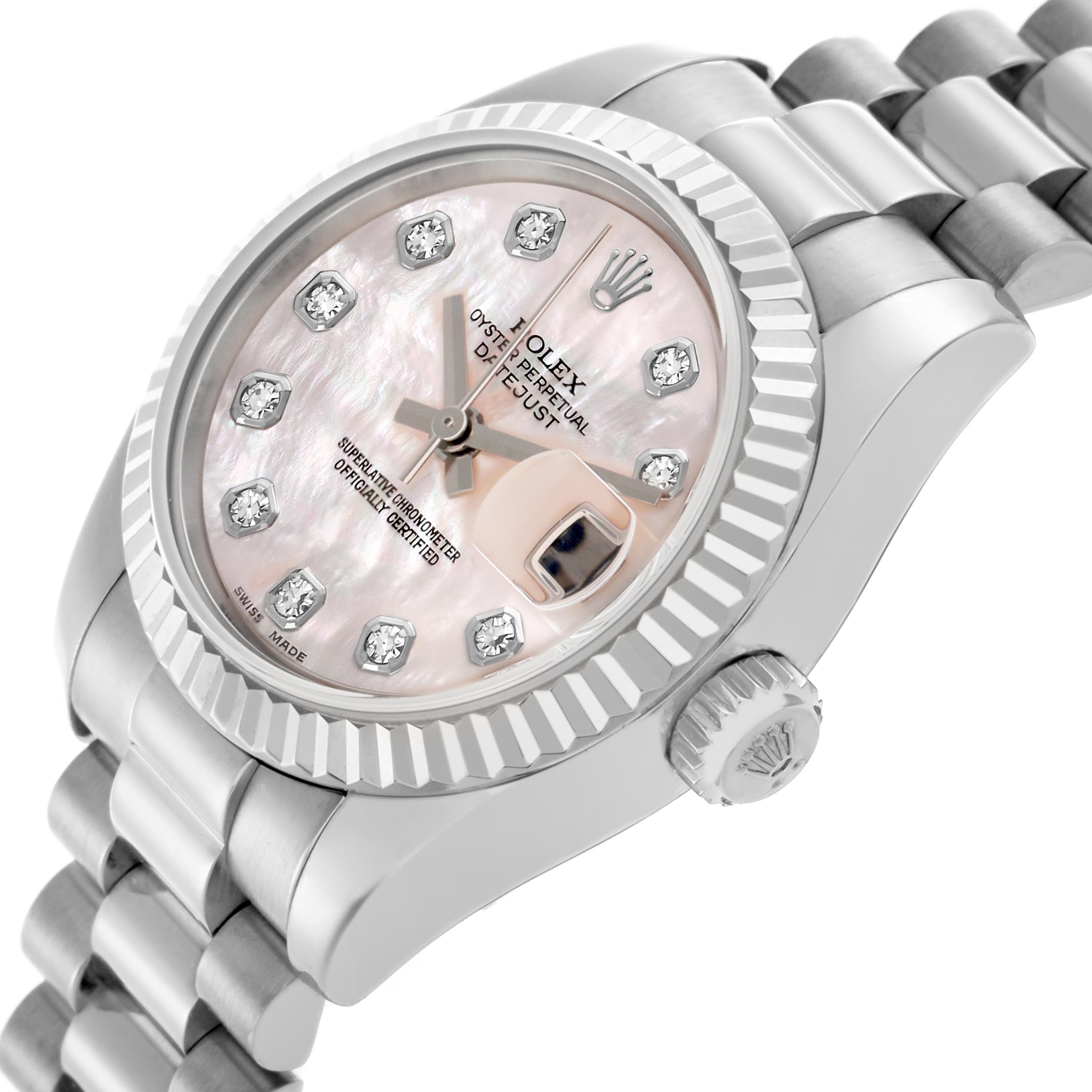 The Rolex President 179179 Women's White Gold Mother of Pearl Dial 179179 Women's White Gold Mother of Pearl Dial model watch is shown at an angle highlighting its face, bezel, crown, and part of the bracelet.