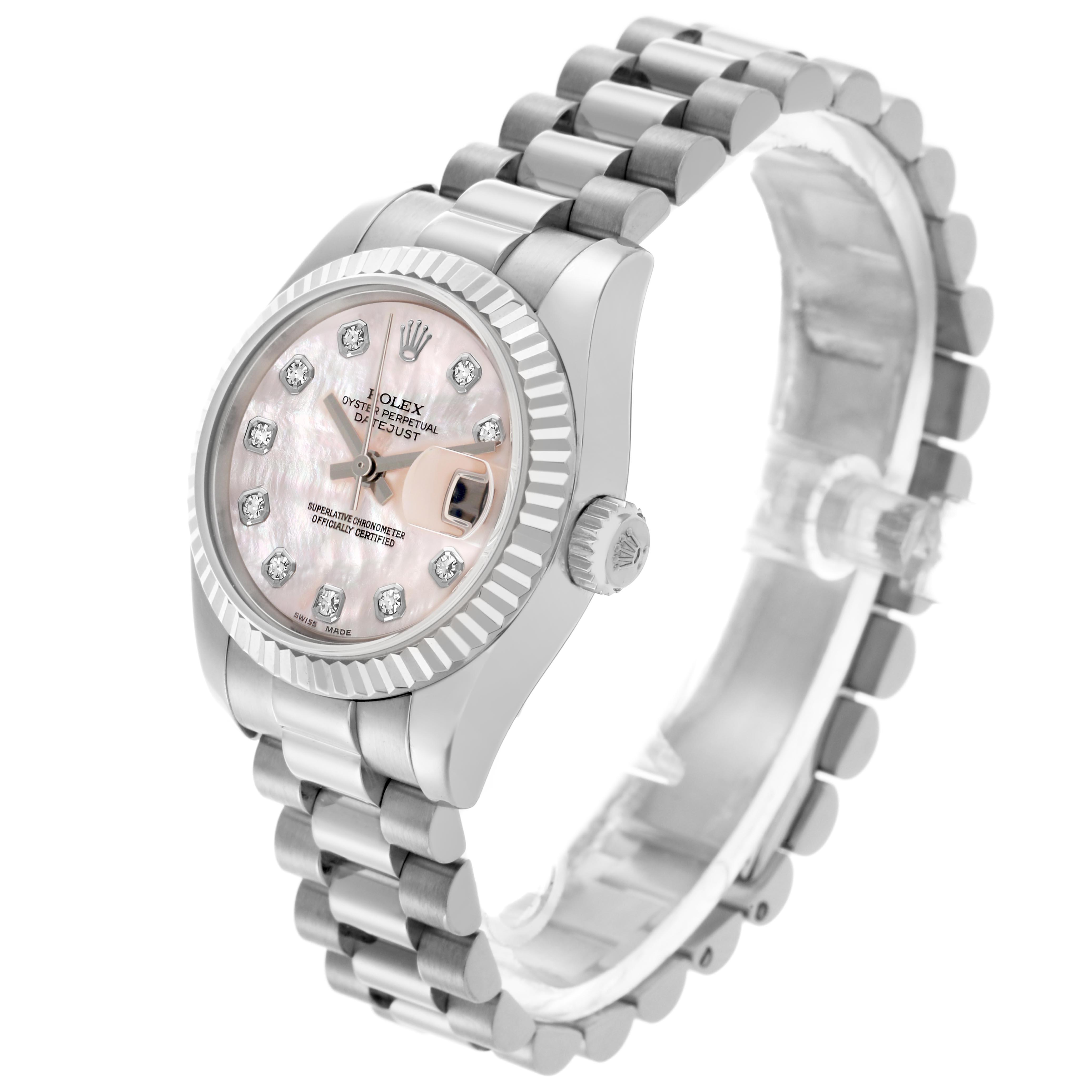 The Rolex President 179179 Women's White Gold Mother of Pearl Dial 179179 Women's White Gold Mother of Pearl Dial watch is shown at a slight angle, featuring its face, bezel, crown, and bracelet.