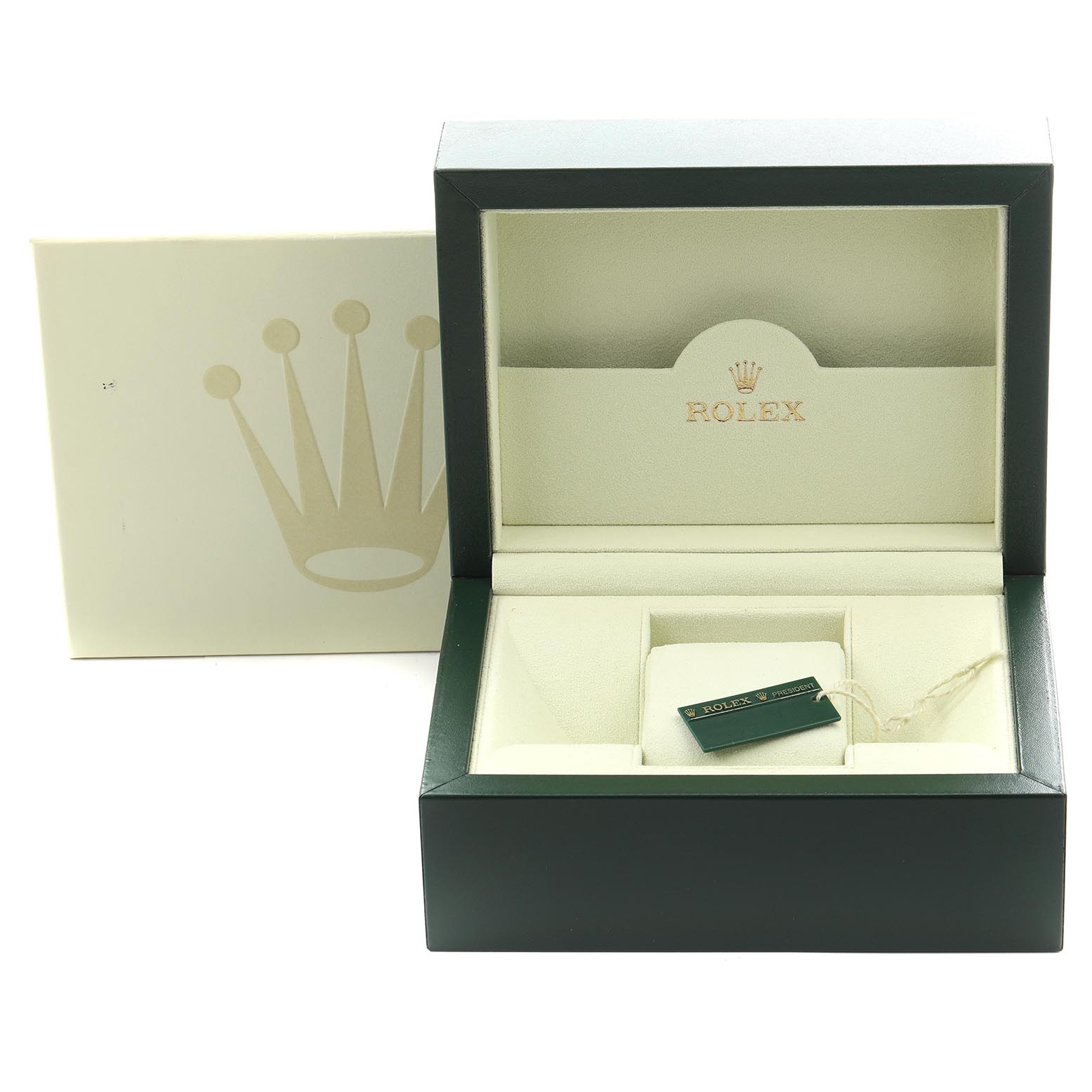 The image shows an open Rolex President 179179 Women's White Gold Mother of Pearl Dial 179179 Women's White Gold Mother of Pearl Dial watch box, including the outer box, interior, and tag, viewed from the front.