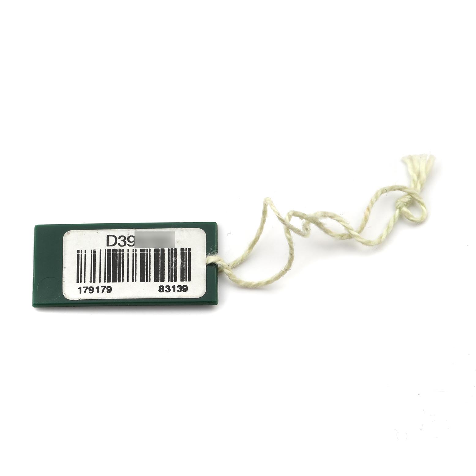 The image shows a green Rolex President 179179 Women's White Gold Mother of Pearl Dial 179179 Women's White Gold Mother of Pearl Dial model tag with a string attachment and a barcode.