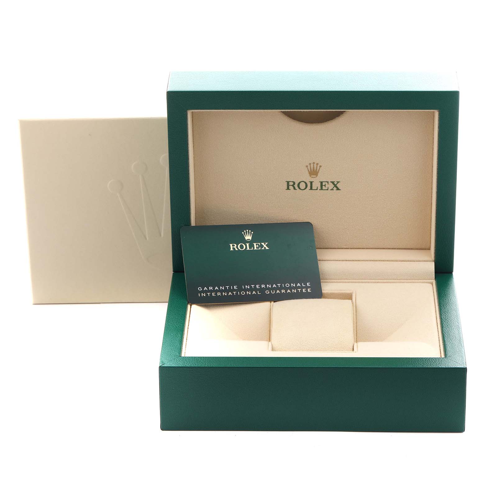 The image shows a Rolex Sea-Dweller 136660 Men
s Stainless Steel Black Dial 136660 Men
s Stainless Steel Black Dial watch box with an international guarantee card, viewed from the front.
