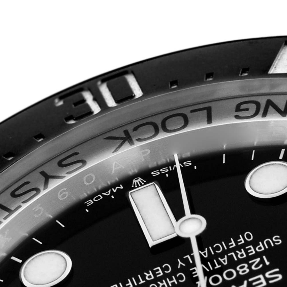 The close-up angle shows the bezel, part of the dial, and markers of the Rolex Sea-Dweller 136660 Men
s Stainless Steel Black Dial 136660 Men
s Stainless Steel Black Dial watch.