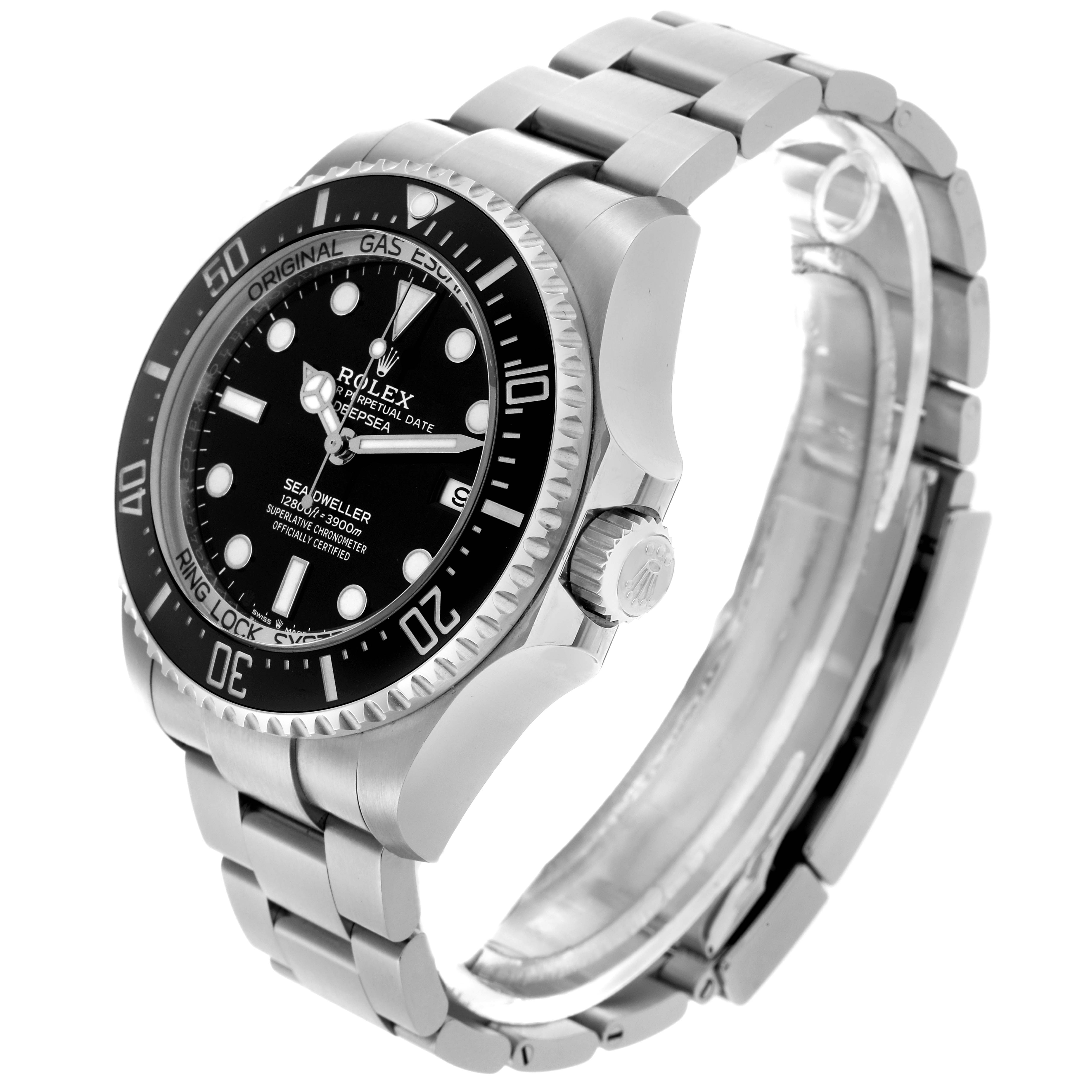 The image shows the Rolex Sea-Dweller 136660 Men
s Stainless Steel Black Dial 136660 Men
s Stainless Steel Black Dial watch from an angled side view, highlighting the dial, bezel, crown, and metal bracelet.