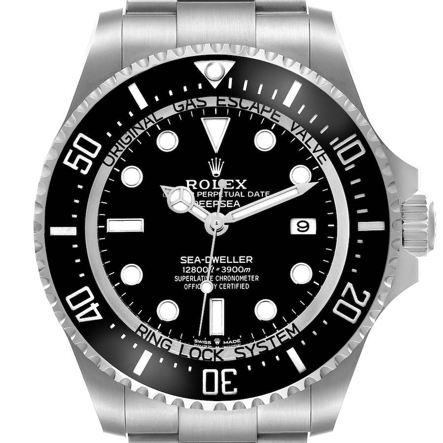 The Rolex Sea-Dweller is shown from a front angle, displaying the dial, bezel, and crown.