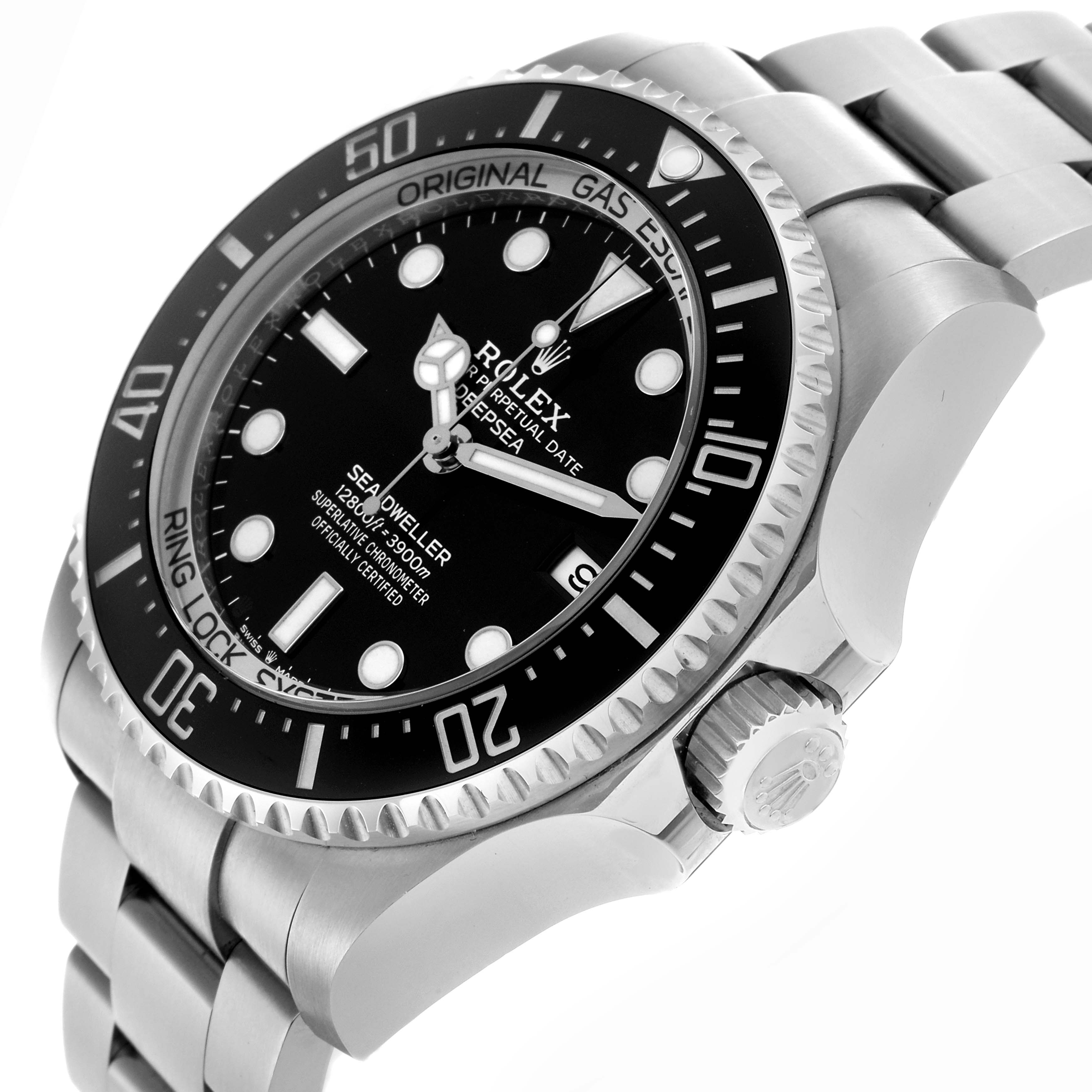 The Rolex Sea-Dweller 136660 Men
s Stainless Steel Black Dial 136660 Men
s Stainless Steel Black Dial watch is shown at an angle displaying the face, bezel, crown, and part of the bracelet.