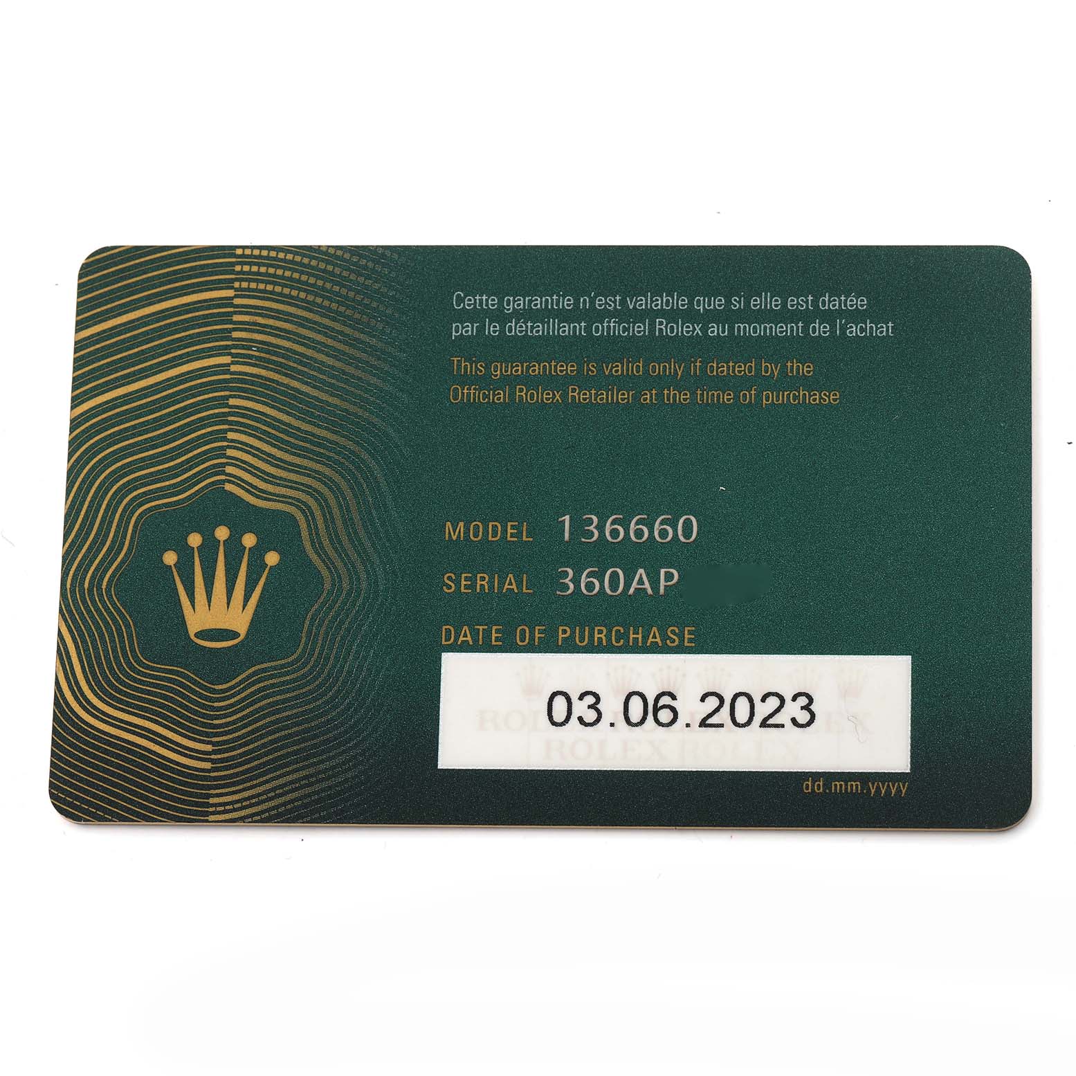 The image shows a warranty card for the Rolex Sea-Dweller 136660 Men
s Stainless Steel Black Dial 136660 Men
s Stainless Steel Black Dial model 136660, detailing the model, serial number, and purchase date.