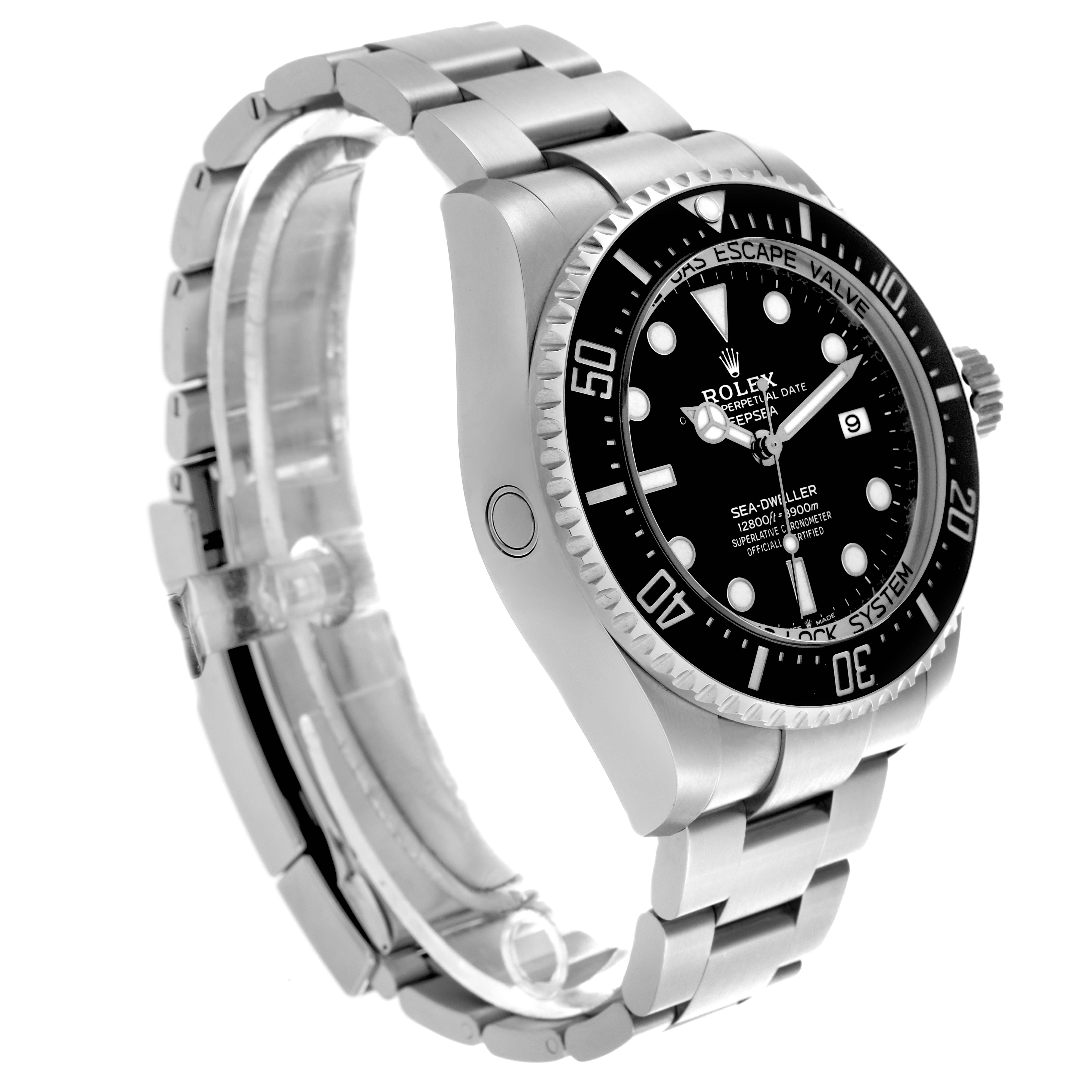 The Rolex Sea-Dweller 136660 Men
s Stainless Steel Black Dial 136660 Men
s Stainless Steel Black Dial watch is shown at a three-quarter angle, highlighting the face, bezel, case, and band.