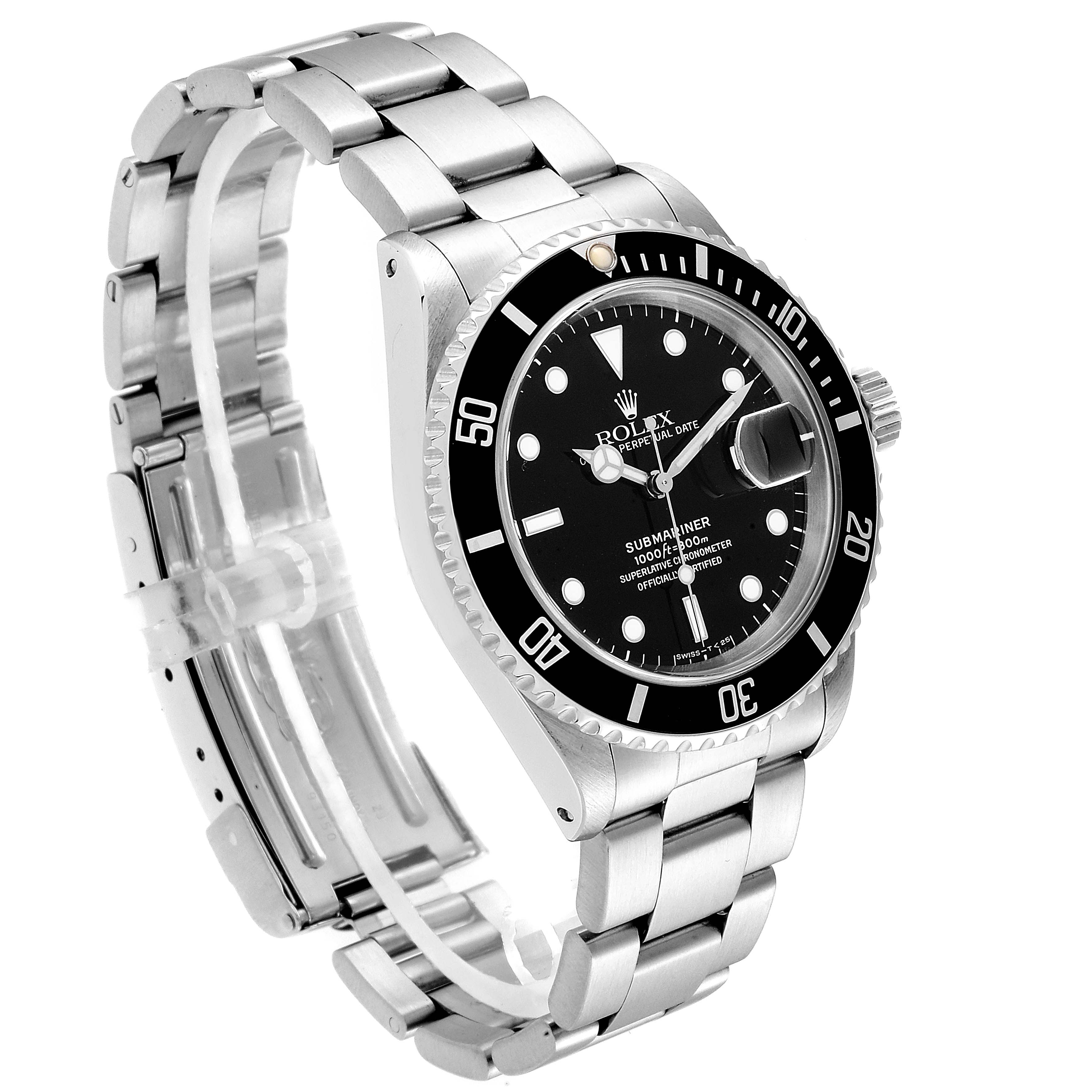 This image shows a Rolex Submariner 16610 Men
s Stainless Steel Black Dial 16610 Men
s Stainless Steel Black Dial watch at a three-quarter angle, highlighting its face, bezel, crown, and bracelet.