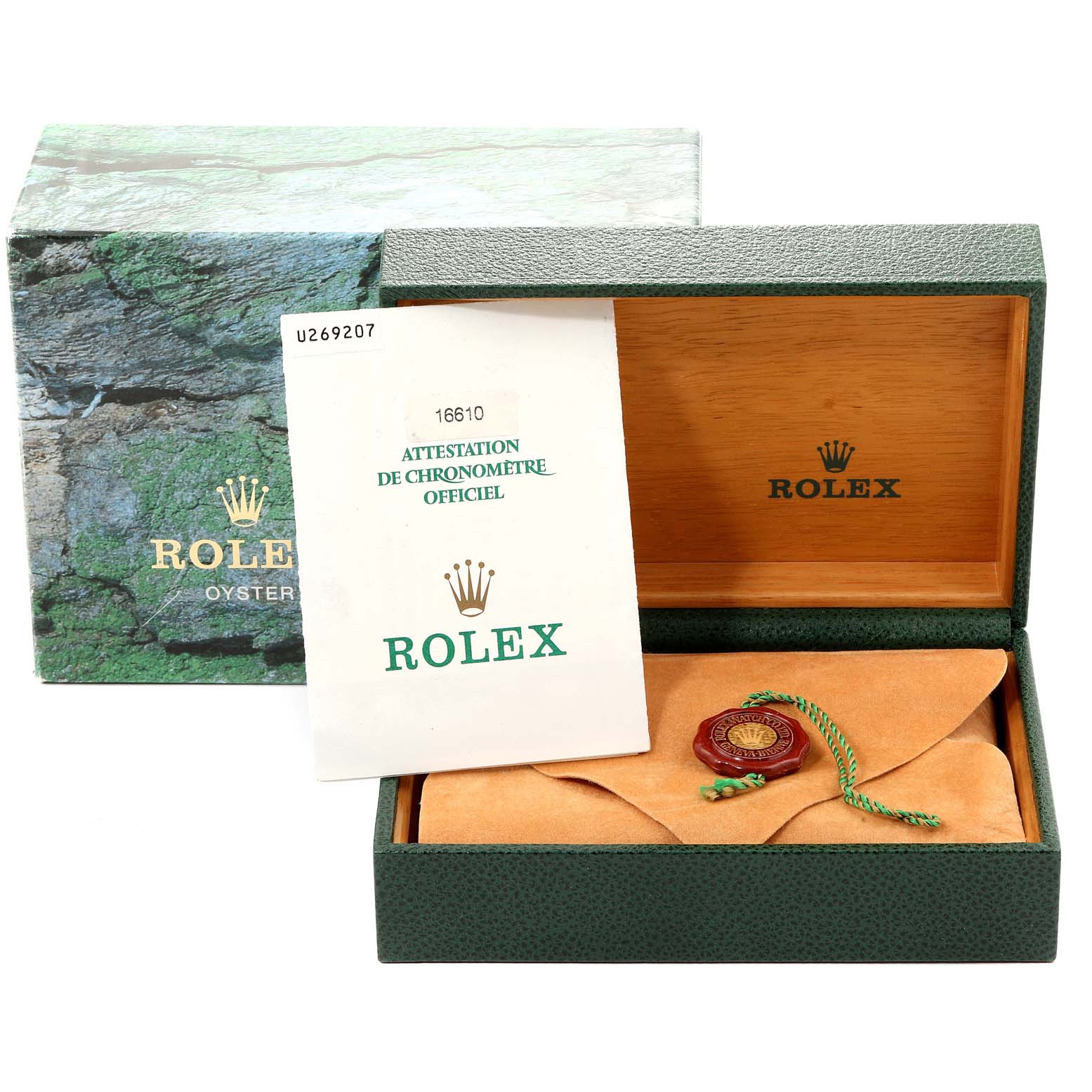 The image shows the packaging and documentation for a Rolex Submariner 16610 Men
s Stainless Steel Black Dial 16610 Men
s Stainless Steel Black Dial, including the outer box, inner case, and certification papers.