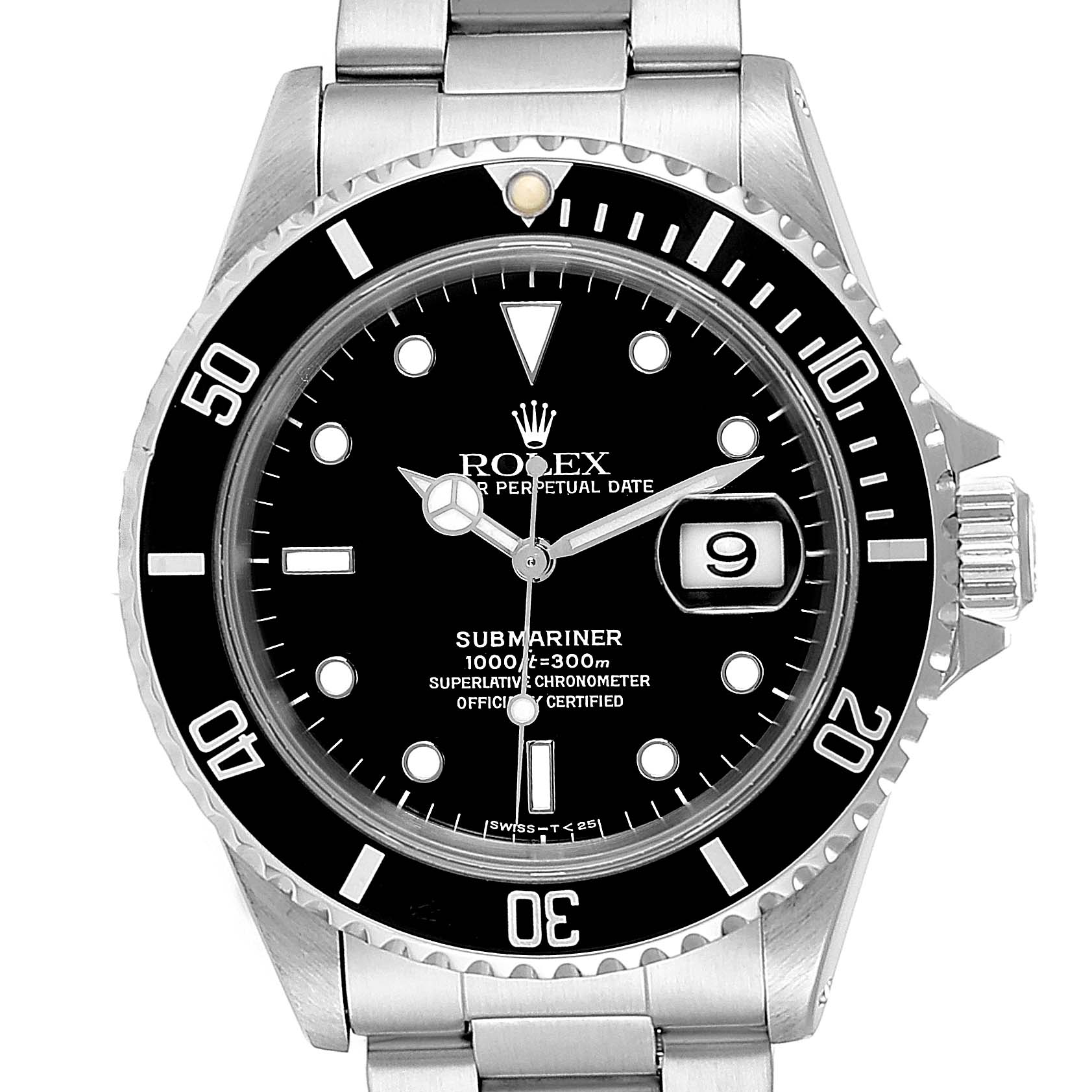 The image shows a front view of the Rolex Submariner 16610 Men
s Stainless Steel Black Dial 16610 Men
s Stainless Steel Black Dial watch, highlighting its dial, bezel, and bracelet.