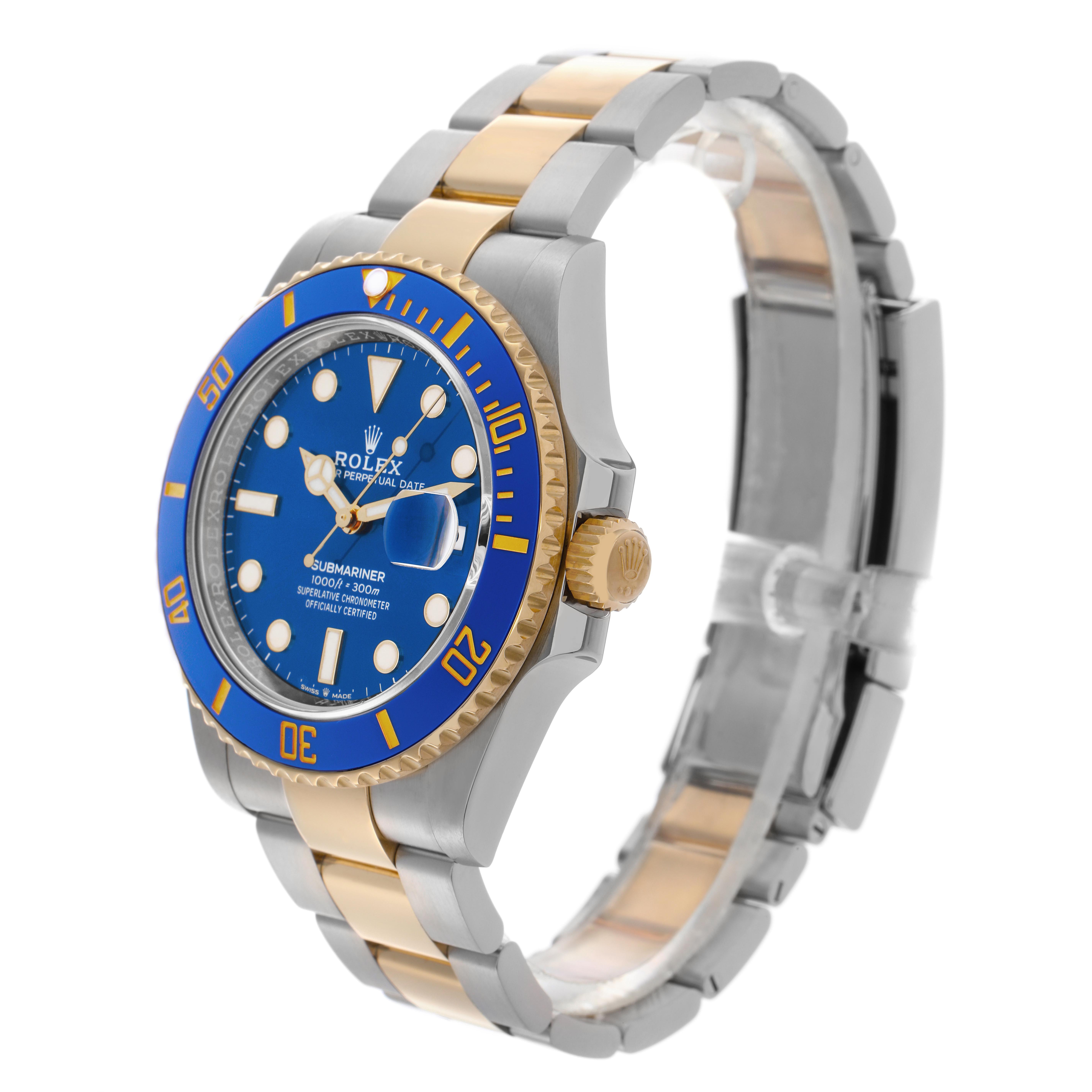 The Rolex Submariner 126613 Men
s Steel and Gold (two tone) Blue Dial 126613 Men
s Steel and Gold (two tone) Blue Dial is shown at an angle displaying the face, bezel, crown, and two-tone bracelet.