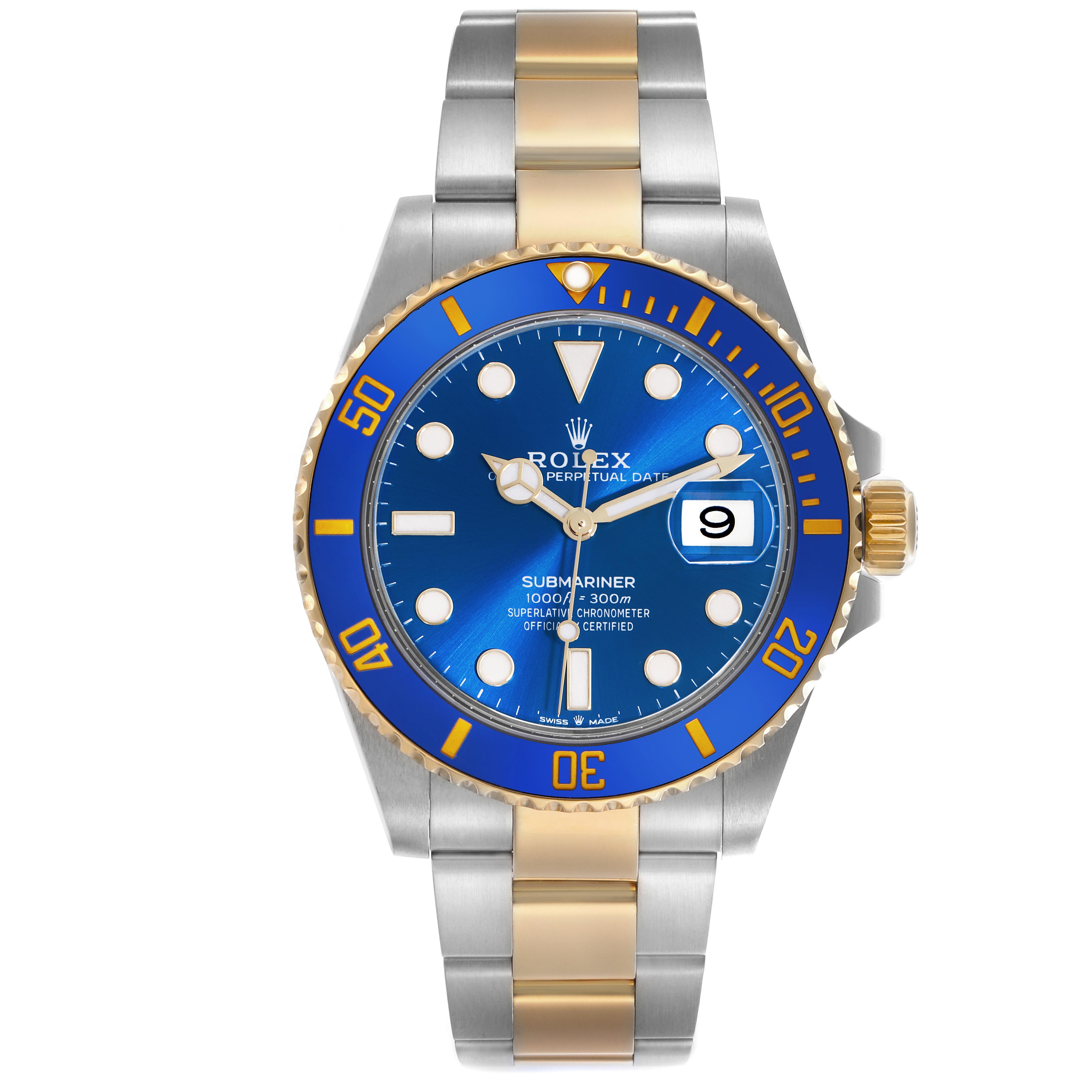 The Rolex Submariner 126613 Men
s Steel and Gold (two tone) Blue Dial 126613 Men
s Steel and Gold (two tone) Blue Dial watch is shown from a front angle, displaying the blue dial, bezel, and two-tone metal bracelet.