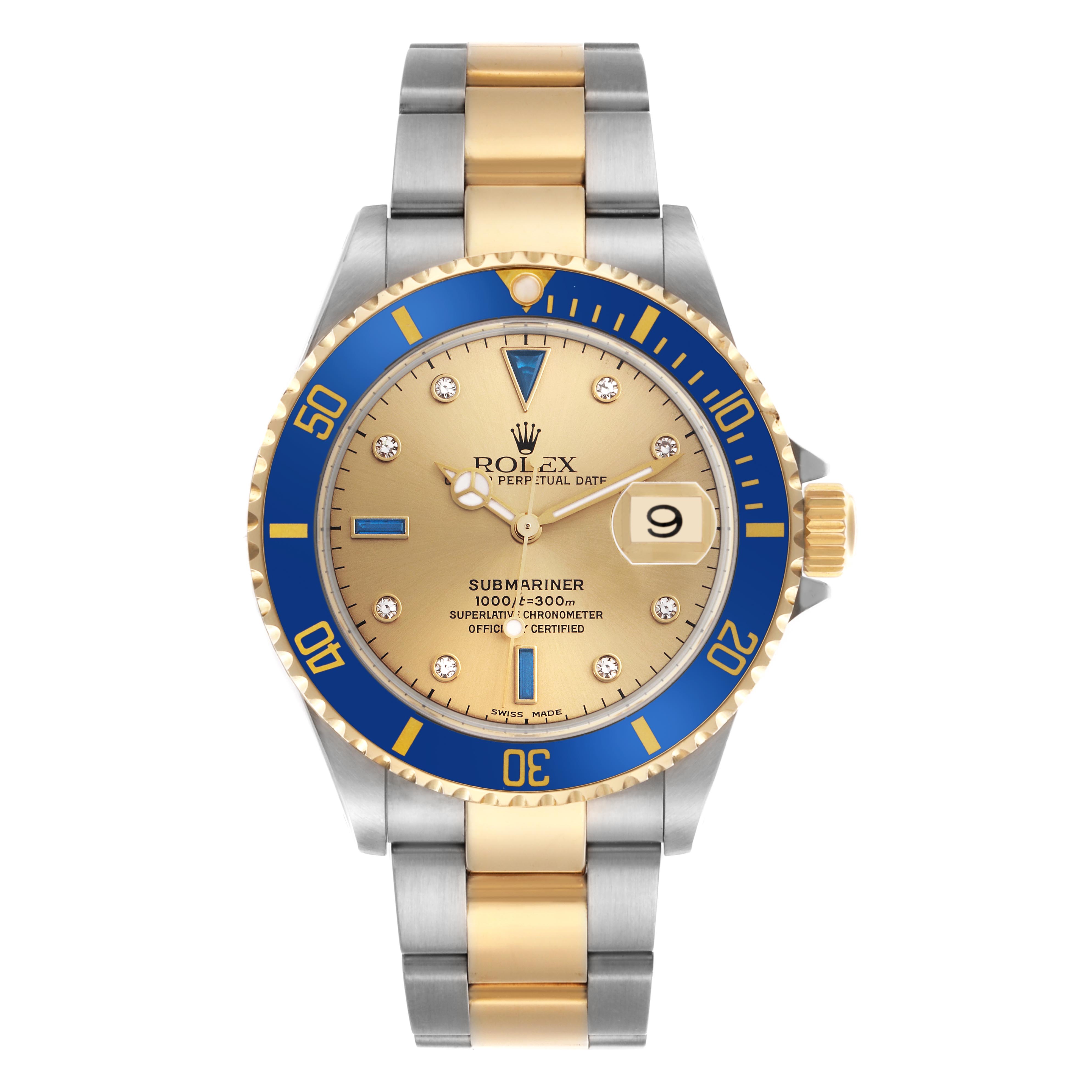 The Rolex Submariner 16613 Men
s Steel and Gold (two tone) Champagne Dial 16613 Men
s Steel and Gold (two tone) Champagne Dial watch is shown from the front, highlighting its blue bezel and two-tone bracelet.