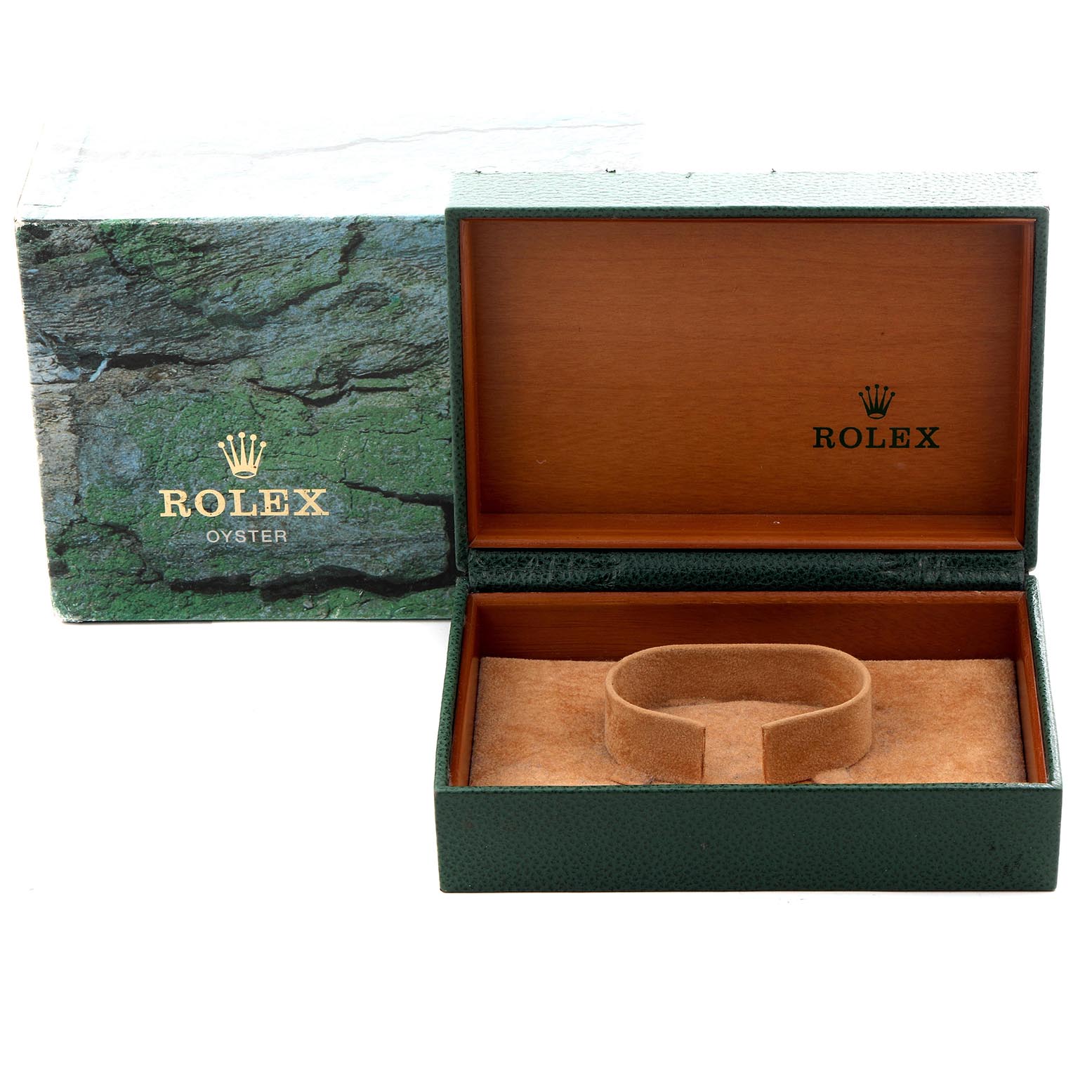 The image shows an open Rolex Submariner 16613 Men
s Steel and Gold (two tone) Champagne Dial 16613 Men
s Steel and Gold (two tone) Champagne Dial watch box with a green exterior and a tan interior.