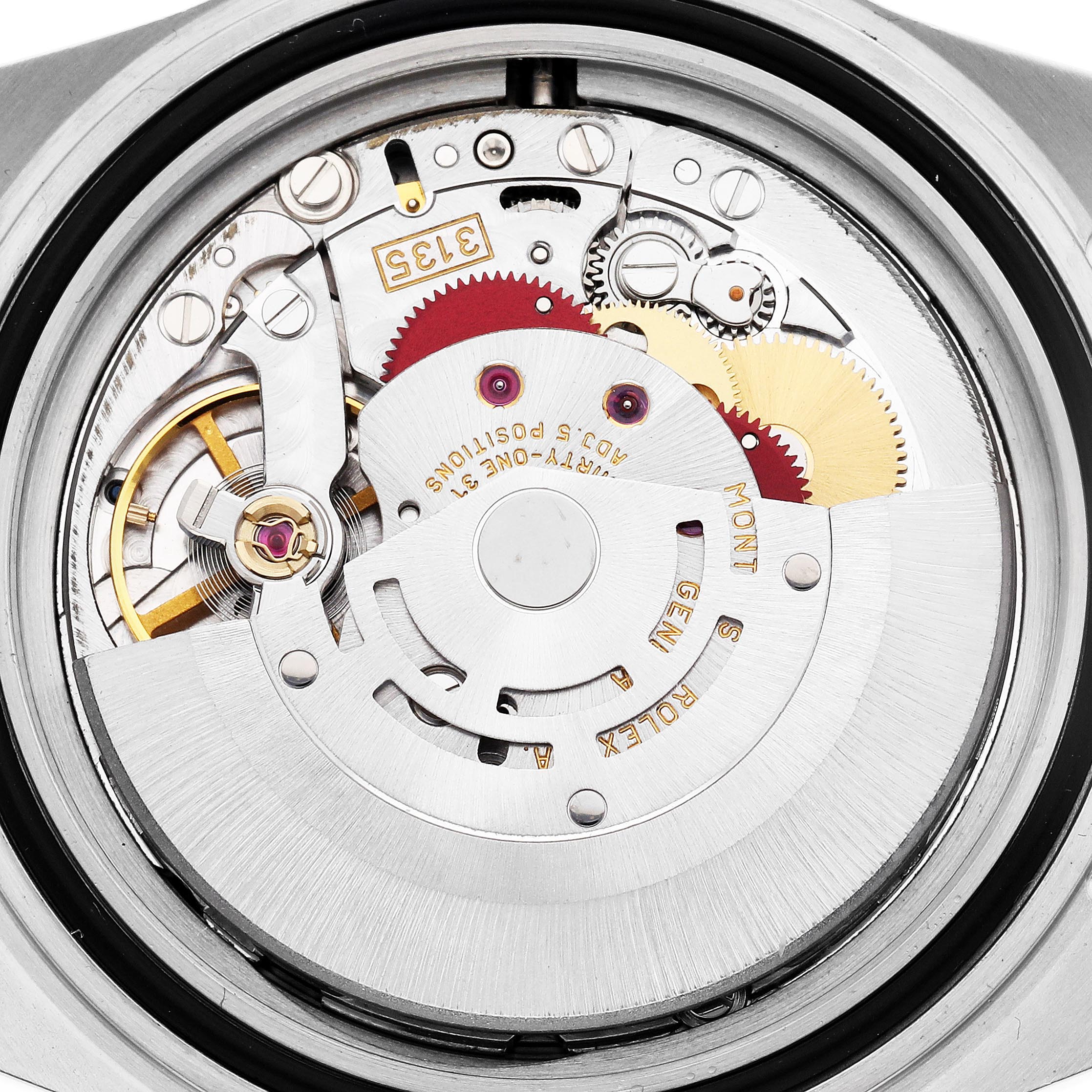 The image shows the movement of a Rolex Submariner 16613 Men
s Steel and Gold (two tone) Champagne Dial 16613 Men
s Steel and Gold (two tone) Champagne Dial watch from a top-down angle, highlighting the intricate internal components.