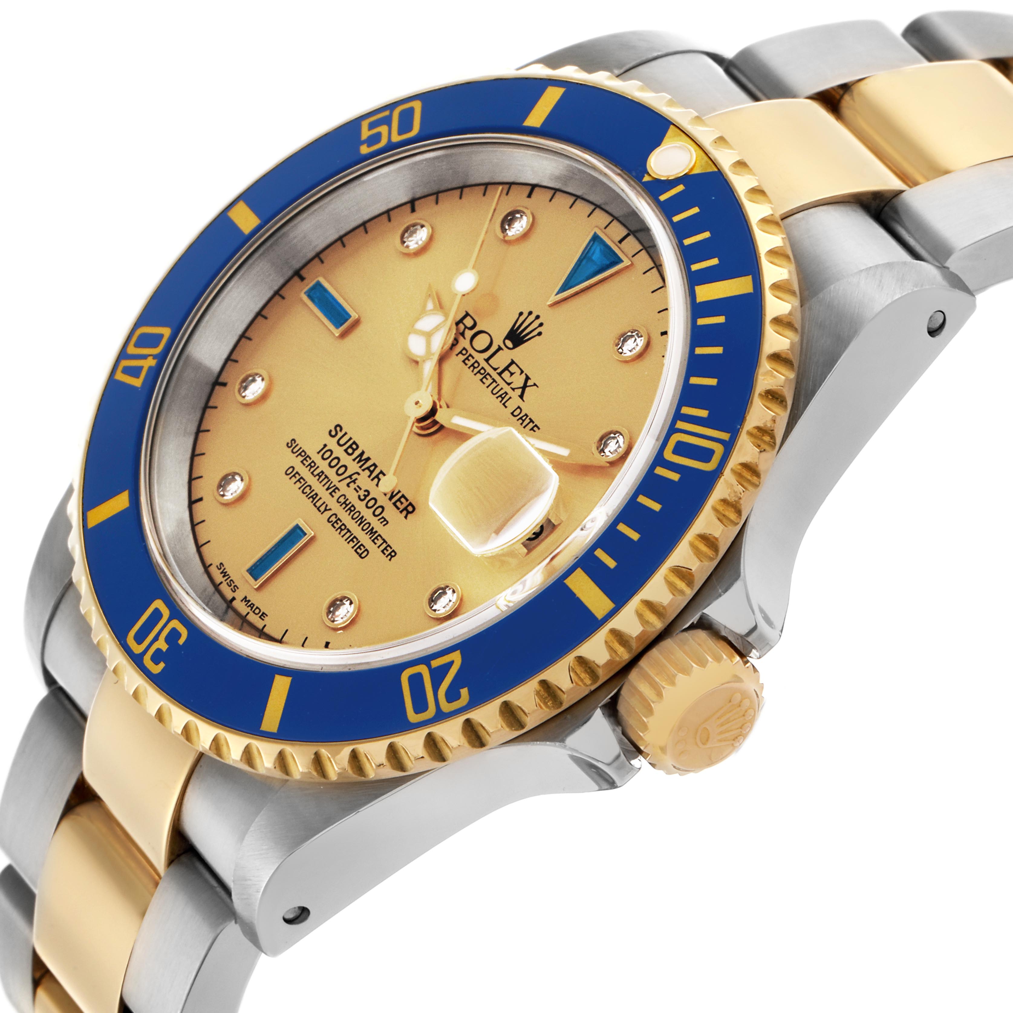 The Rolex Submariner 16613 Men
s Steel and Gold (two tone) Champagne Dial 16613 Men
s Steel and Gold (two tone) Champagne Dial watch is shown at an angle highlighting the bezel, crown, dial, and bracelet.