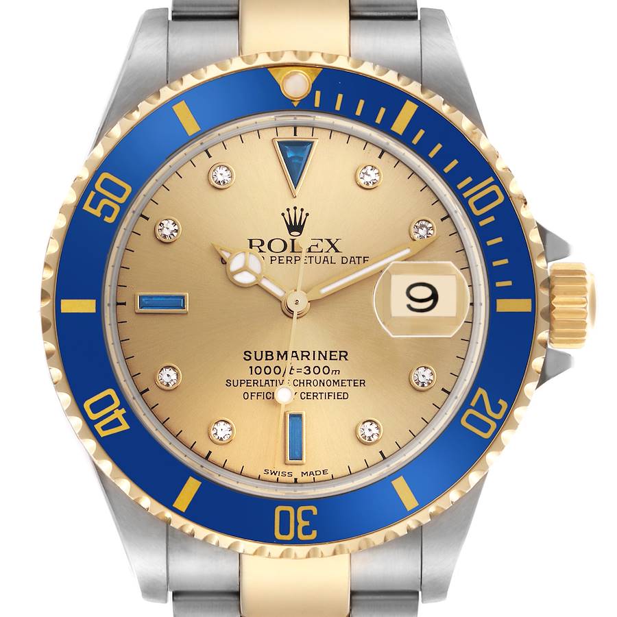 The Rolex Submariner is shown from the front, highlighting the gold dial, blue bezel, and the date magnifier.