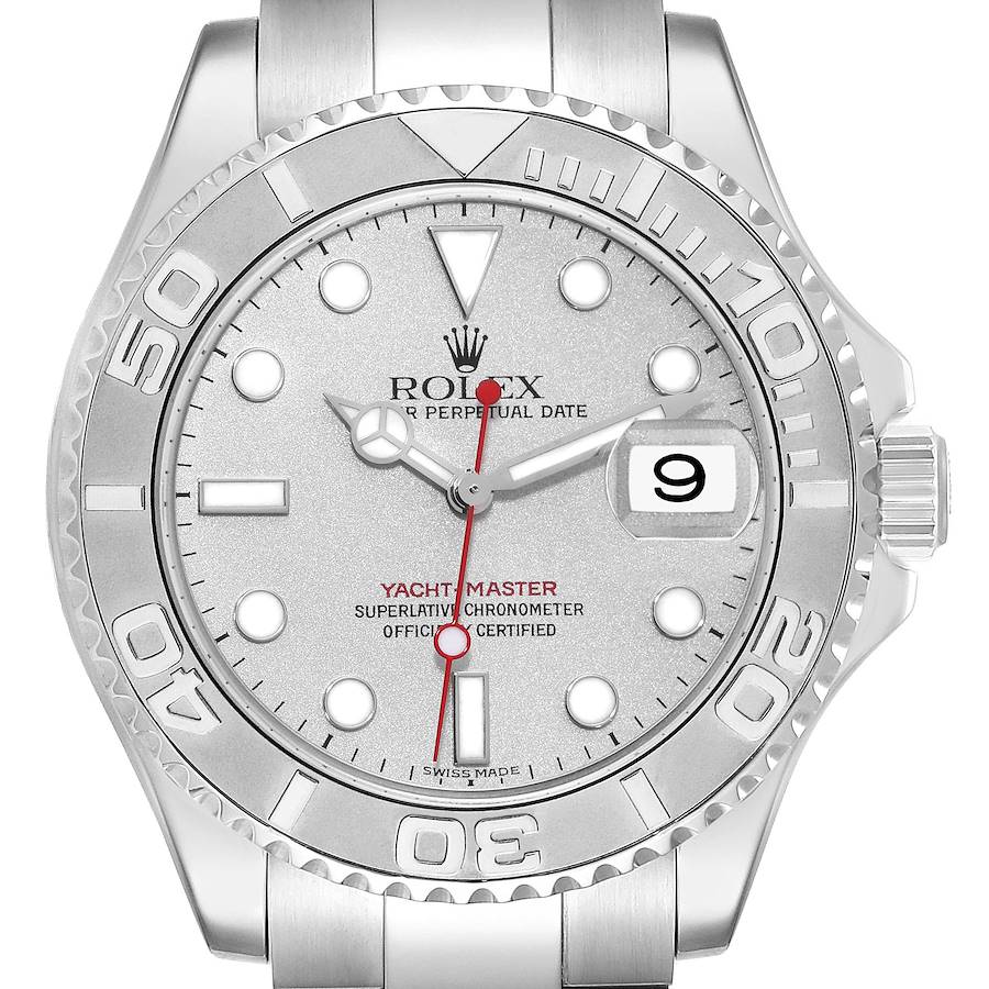 The image shows a front view of a Rolex Yacht-Master watch, highlighting its face, bezel, and part of the bracelet.