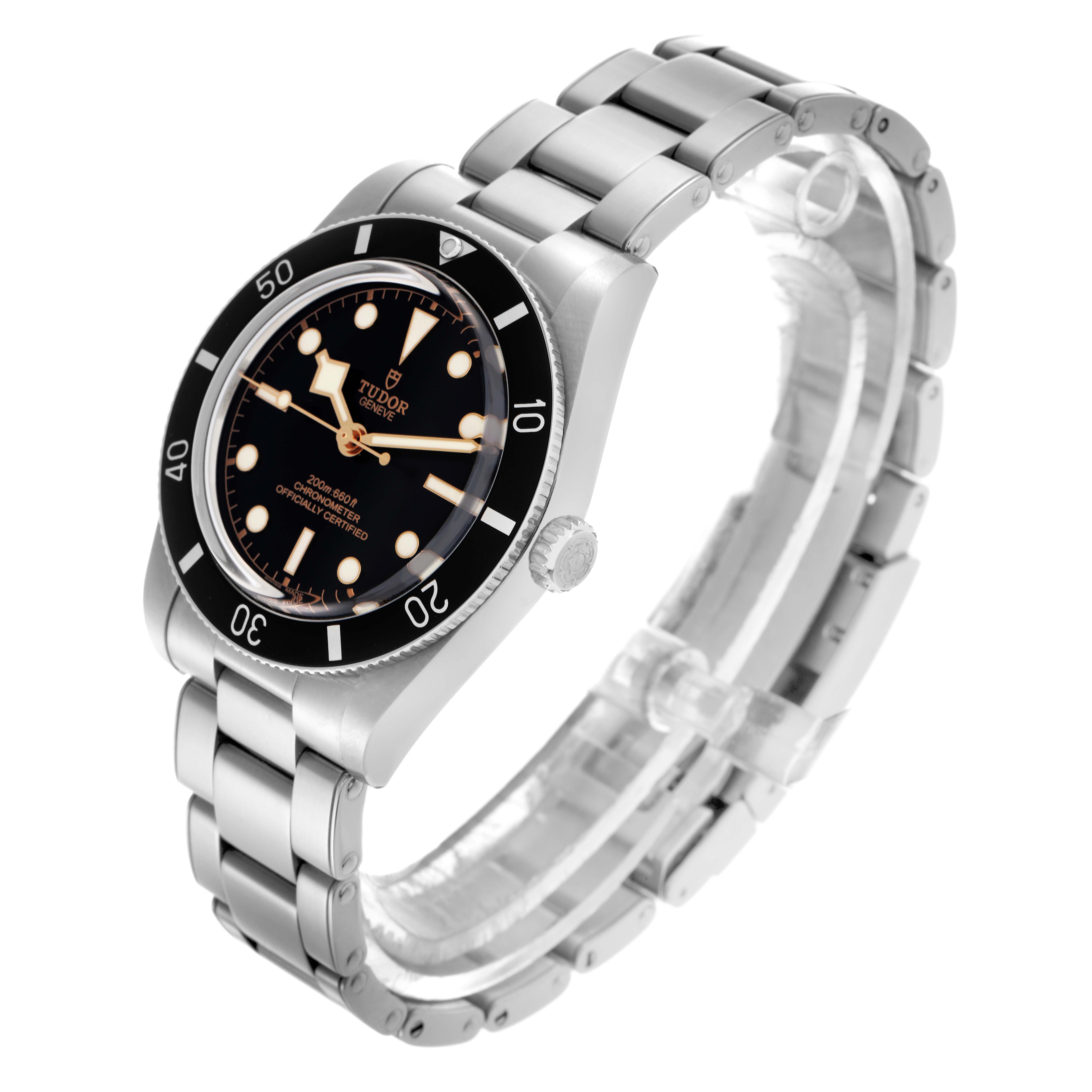 The image shows a Tudor Heritage Black Bay 79000N-0001 Men
s Stainless Steel Black Dial 79000N-0001 Men
s Stainless Steel Black Dial watch at a three-quarter angle, highlighting the dial, bezel, and bracelet.