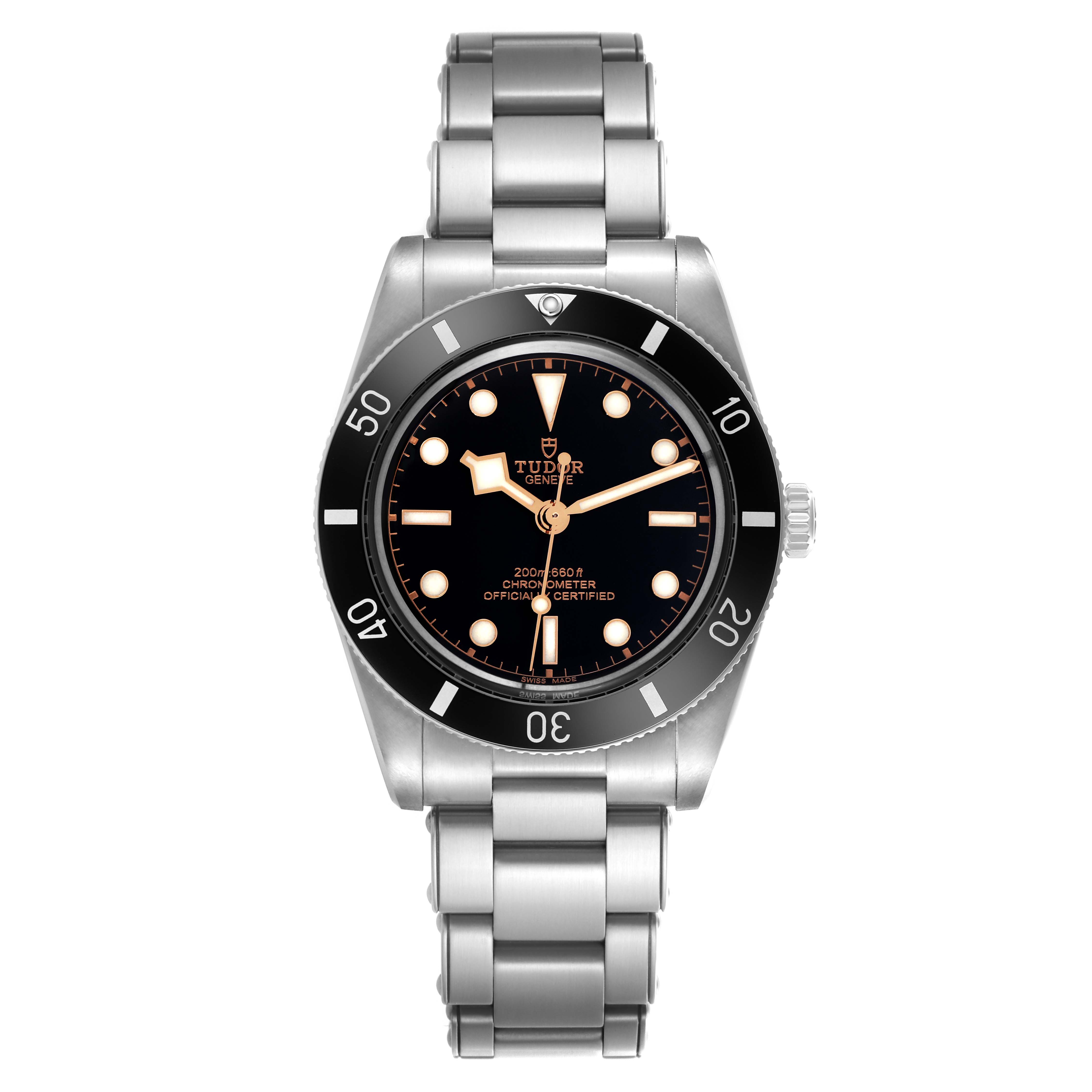 The Tudor Heritage Black Bay 79000N-0001 Men
s Stainless Steel Black Dial 79000N-0001 Men
s Stainless Steel Black Dial watch is shown from a front view, displaying the dial, bezel, and bracelet.