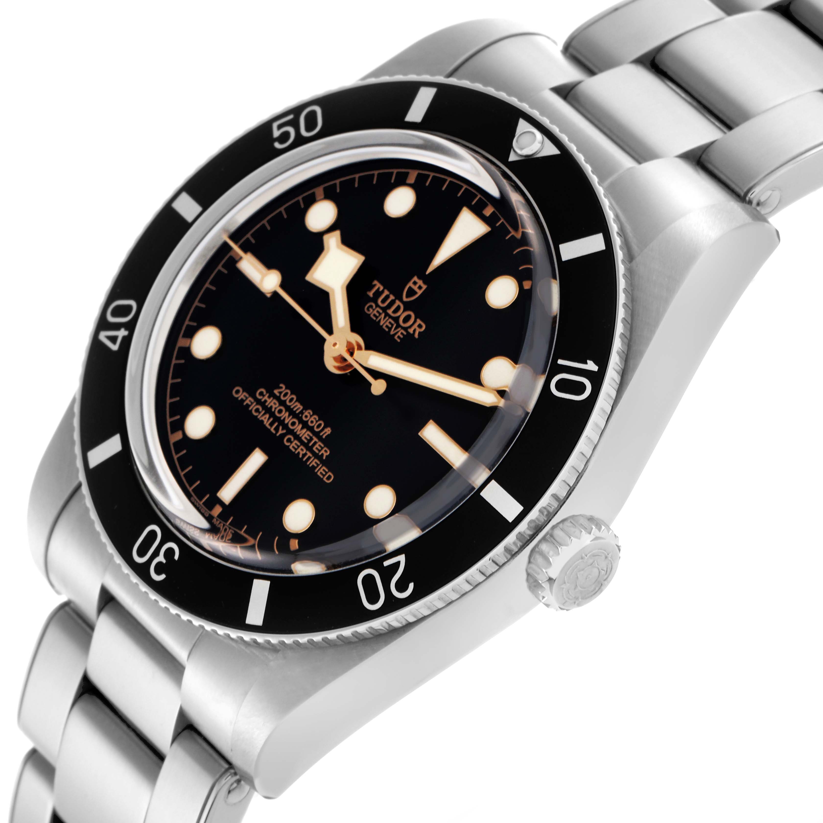 The Tudor Heritage Black Bay 79000N-0001 Men
s Stainless Steel Black Dial 79000N-0001 Men
s Stainless Steel Black Dial watch is shown at an angled side view, highlighting the face, bezel, crown, and bracelet.