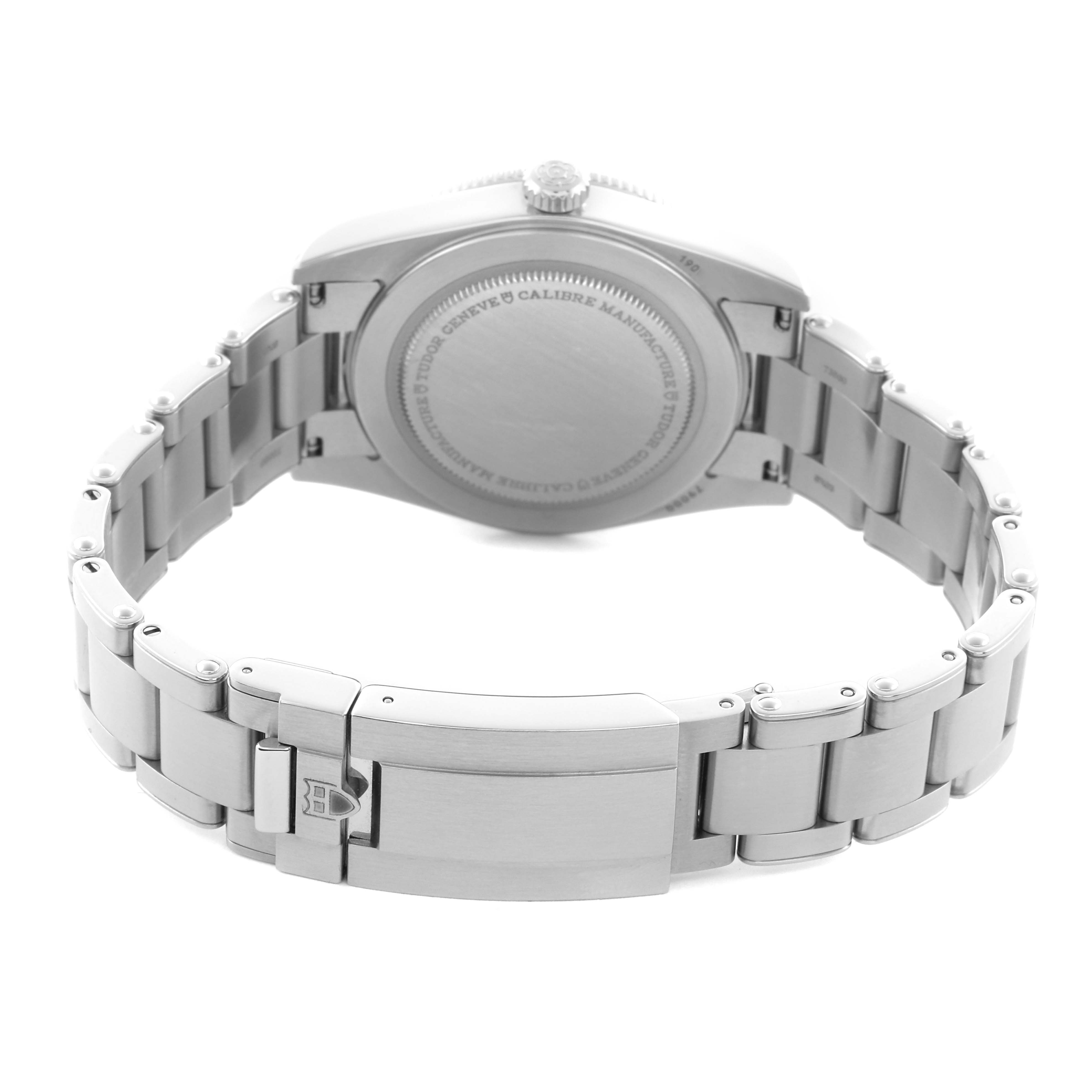 The image shows the back and bracelet of the Tudor Heritage Black Bay 79000N-0001 Men
s Stainless Steel Black Dial 79000N-0001 Men
s Stainless Steel Black Dial watch from a rear angle.