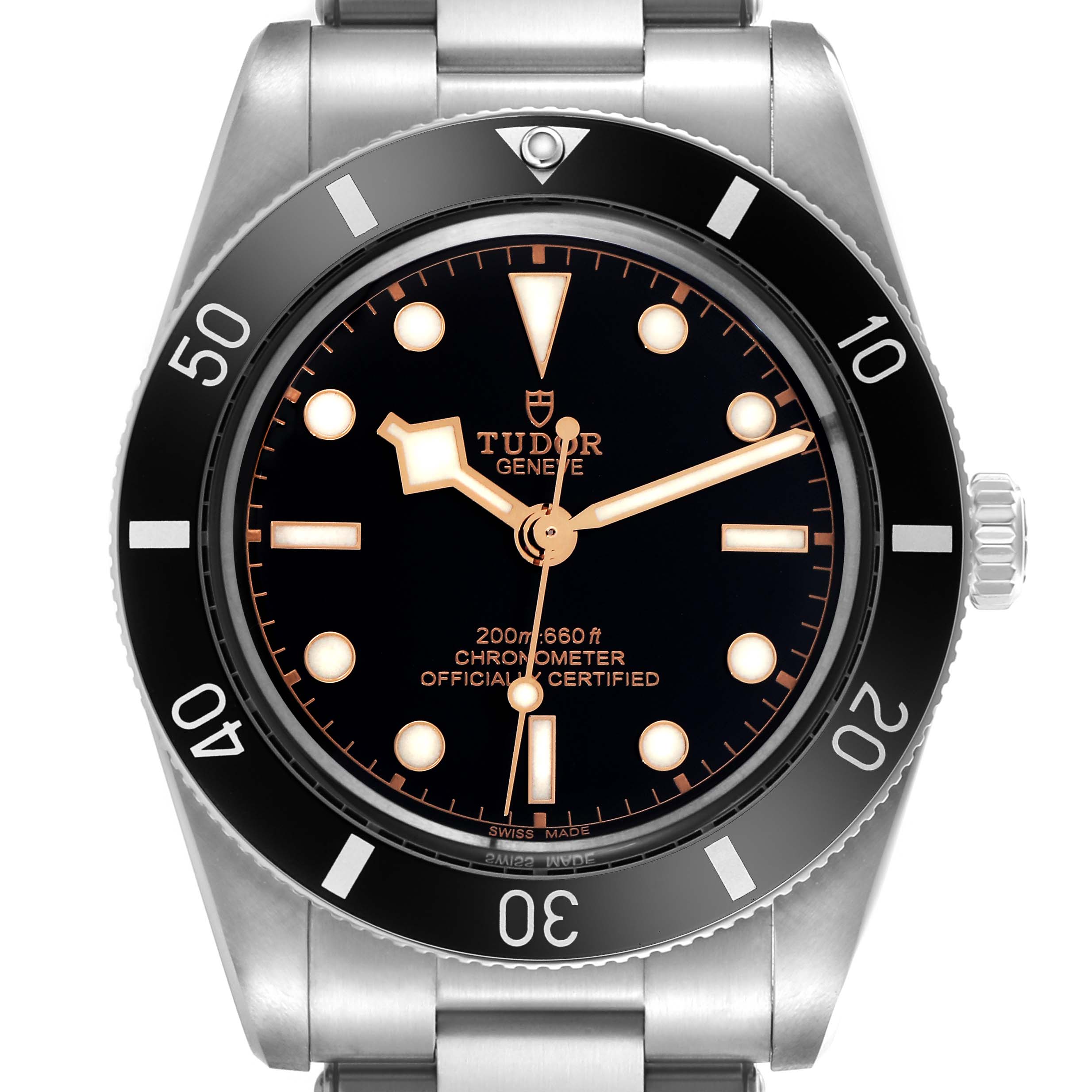 The Tudor Heritage Black Bay 79000N-0001 Men
s Stainless Steel Black Dial 79000N-0001 Men
s Stainless Steel Black Dial is shown from the front, highlighting the dial, bezel, and part of the bracelet.