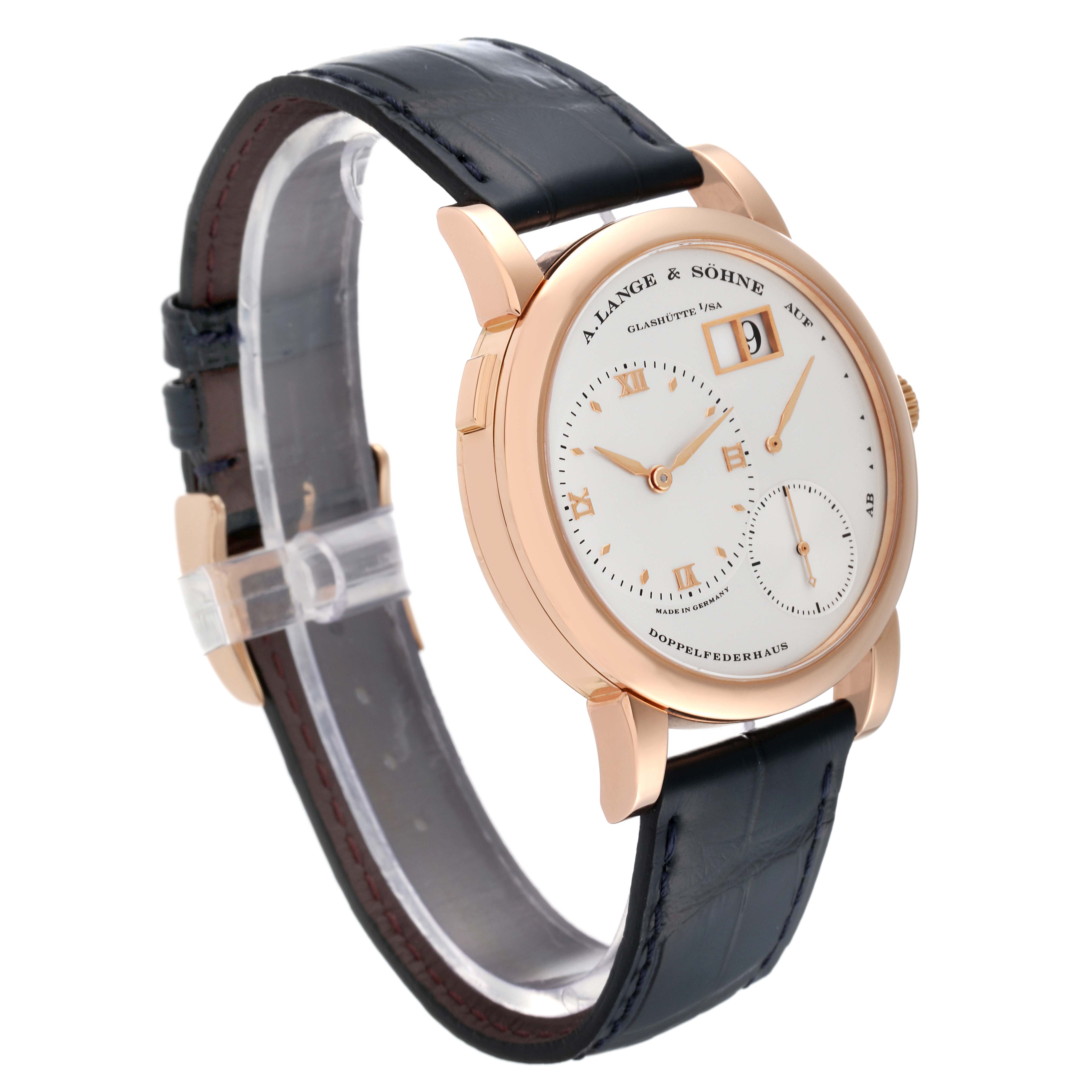 The Lange 1 model by A. Lange & Söhne is shown from a side angle, showcasing the dial, strap, and case.