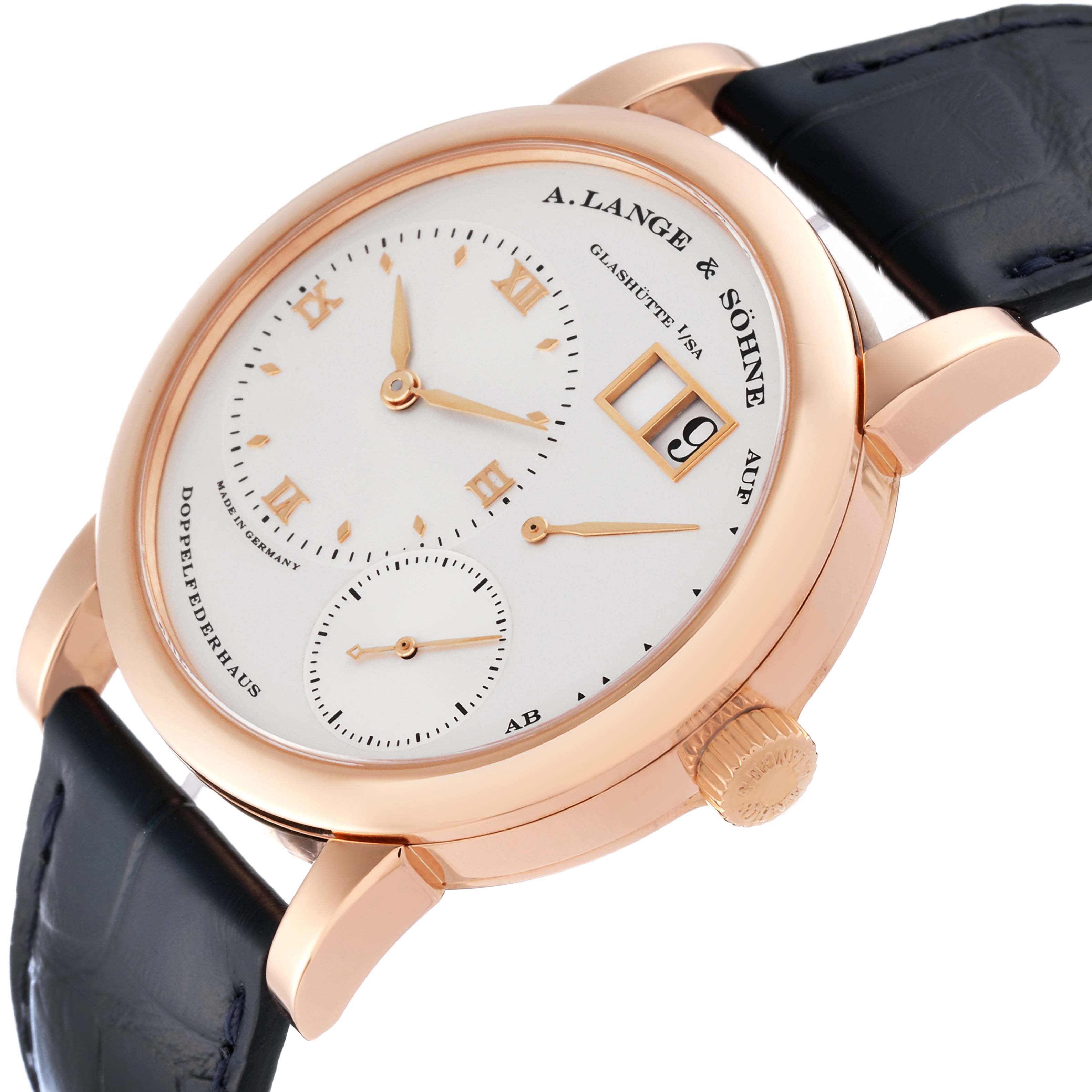 The image shows a close-up side angle of the A. Lange & Sohne Lange 1 101.032 Men's Rose Gold Silver Dial watch, highlighting the dial, crown, and strap.