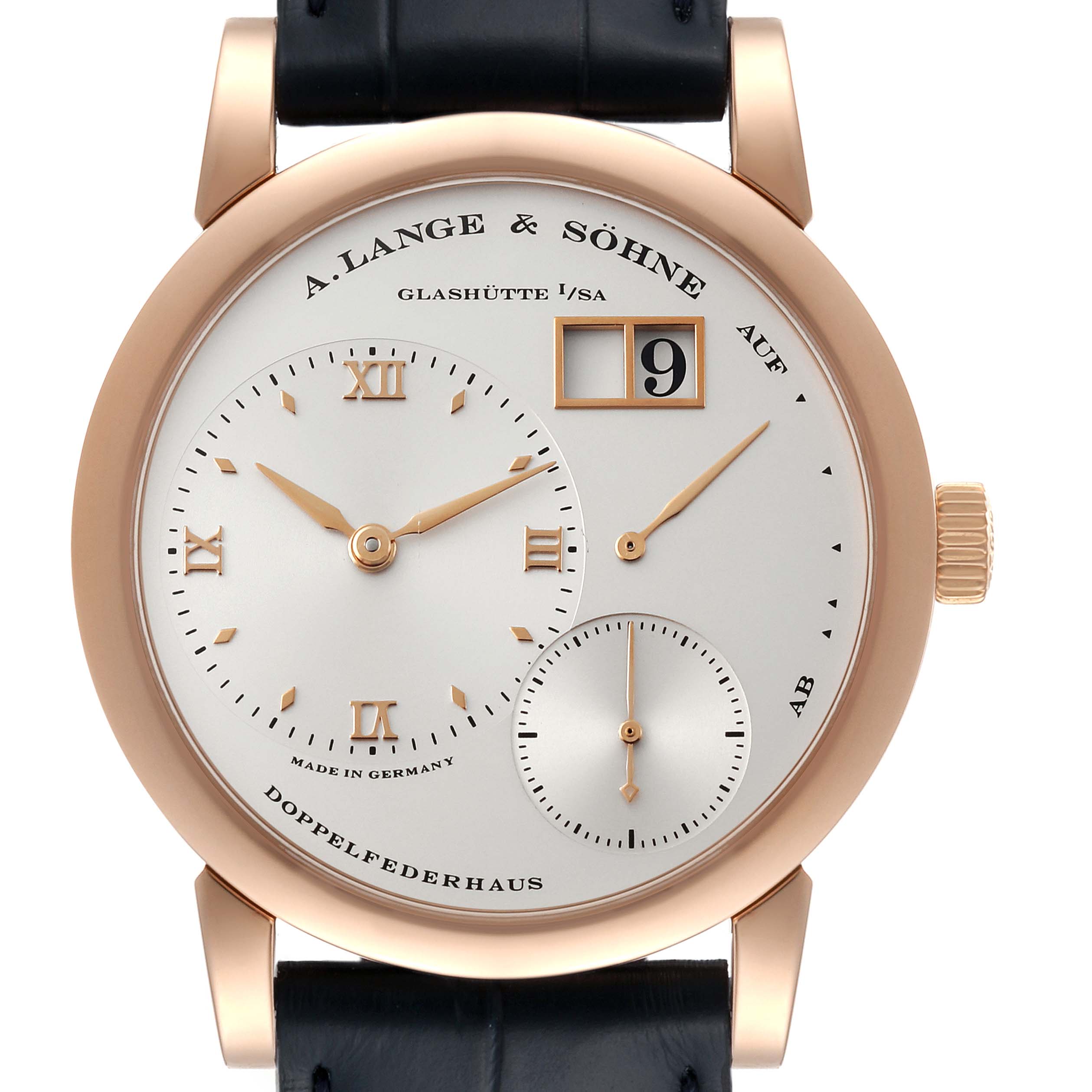This image shows a frontal view of the A. Lange & Sohne Lange 1 101.032 Men's Rose Gold Silver Dial watch, highlighting its face, dial, and straps.