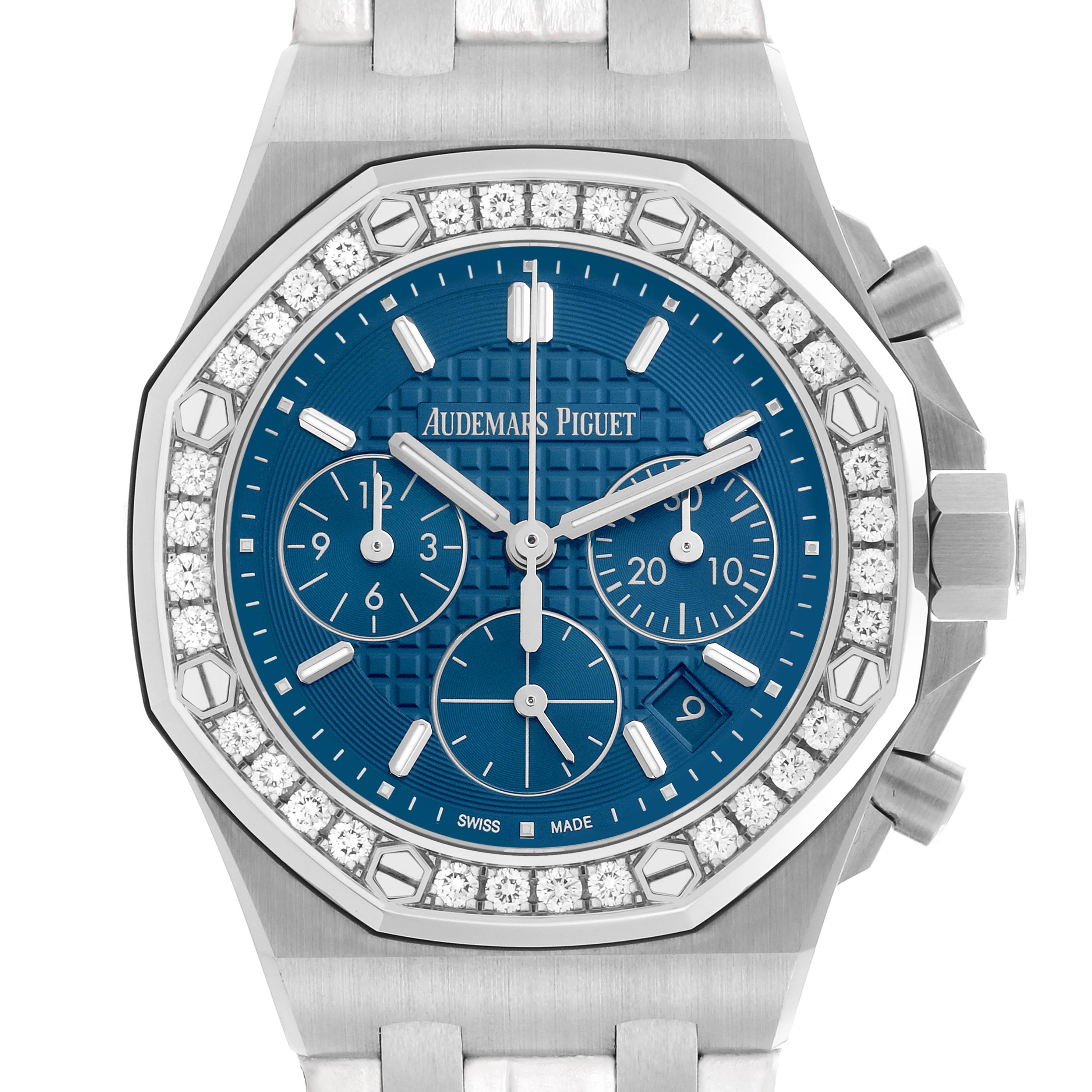 The image shows a frontal view of the Audemars Piguet Royal Oak Offshore 26231ST Women's Stainless Steel Blue Dial 26231ST Women's Stainless Steel Blue Dial watch, highlighting its blue dial, diamond bezel, and chronograph features.