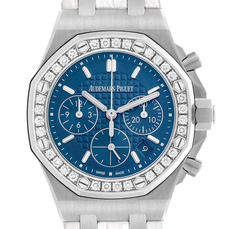 The image shows a frontal view of the Audemars Piguet Royal Oak Offshore watch, highlighting its blue dial, diamond bezel, and chronograph features.