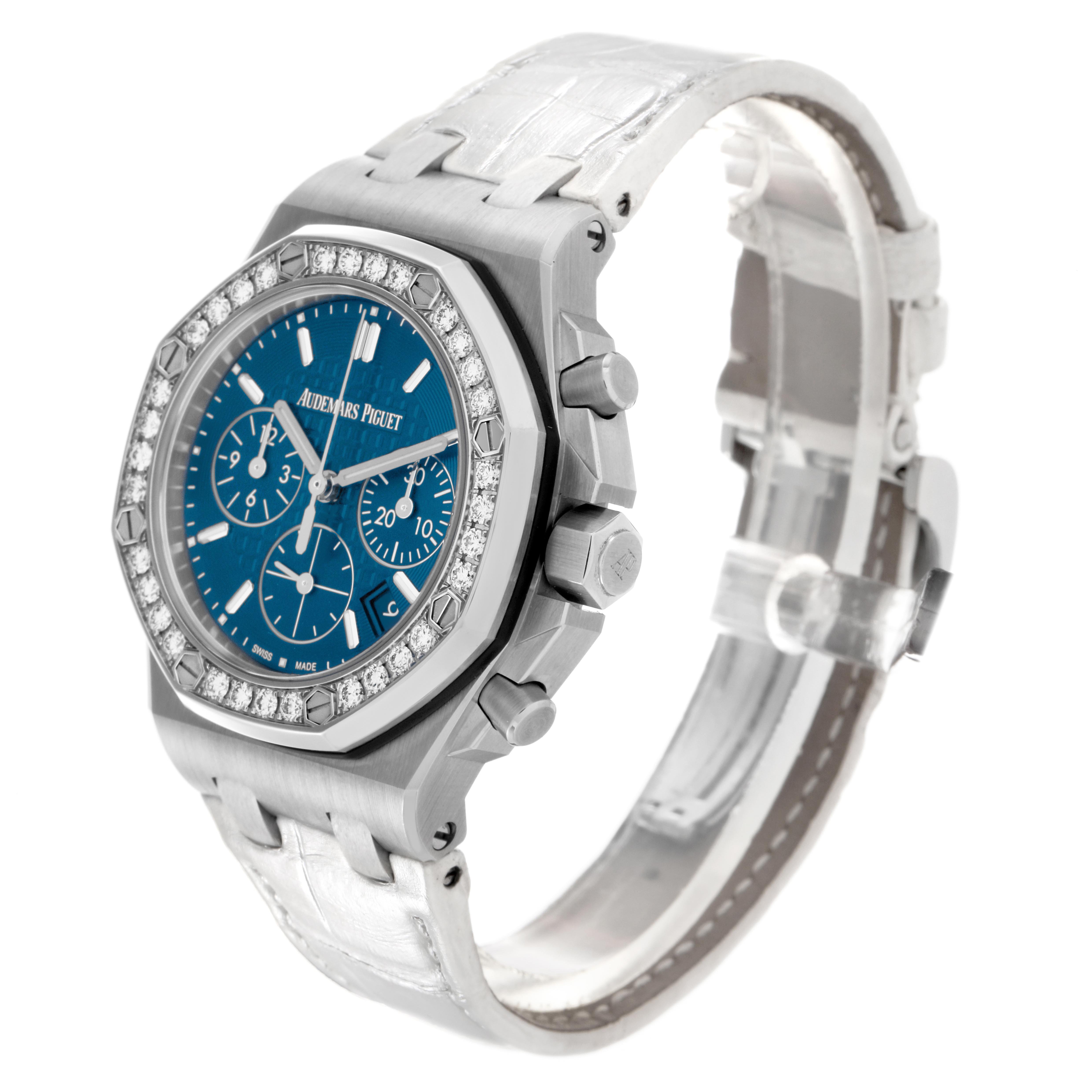 The Audemars Piguet Royal Oak Offshore 26231ST Women's Stainless Steel Blue Dial 26231ST Women's Stainless Steel Blue Dial is shown at a slight angle, highlighting the bezel, blue dial, and side pushers.
